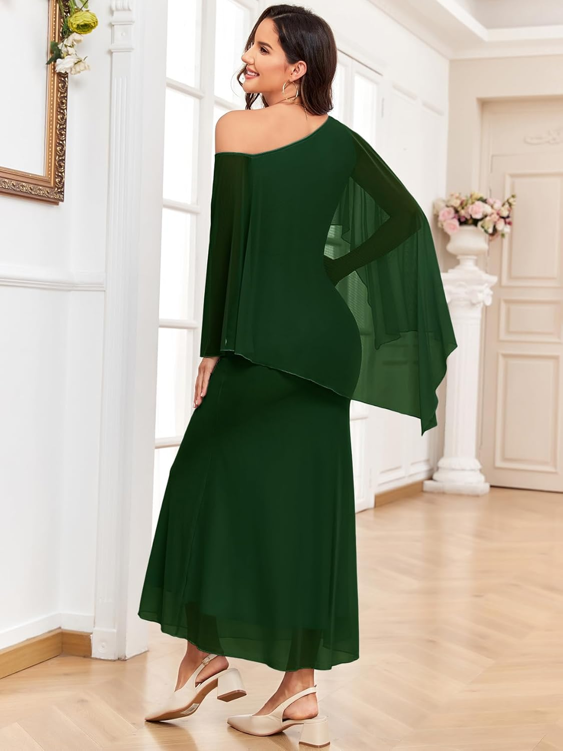 Cape Maternity Mesh Dress One Shoulder Maxi Mermaid Pregnancy Dress with Brooch Formal Baby Shower Photoshoot image number 7