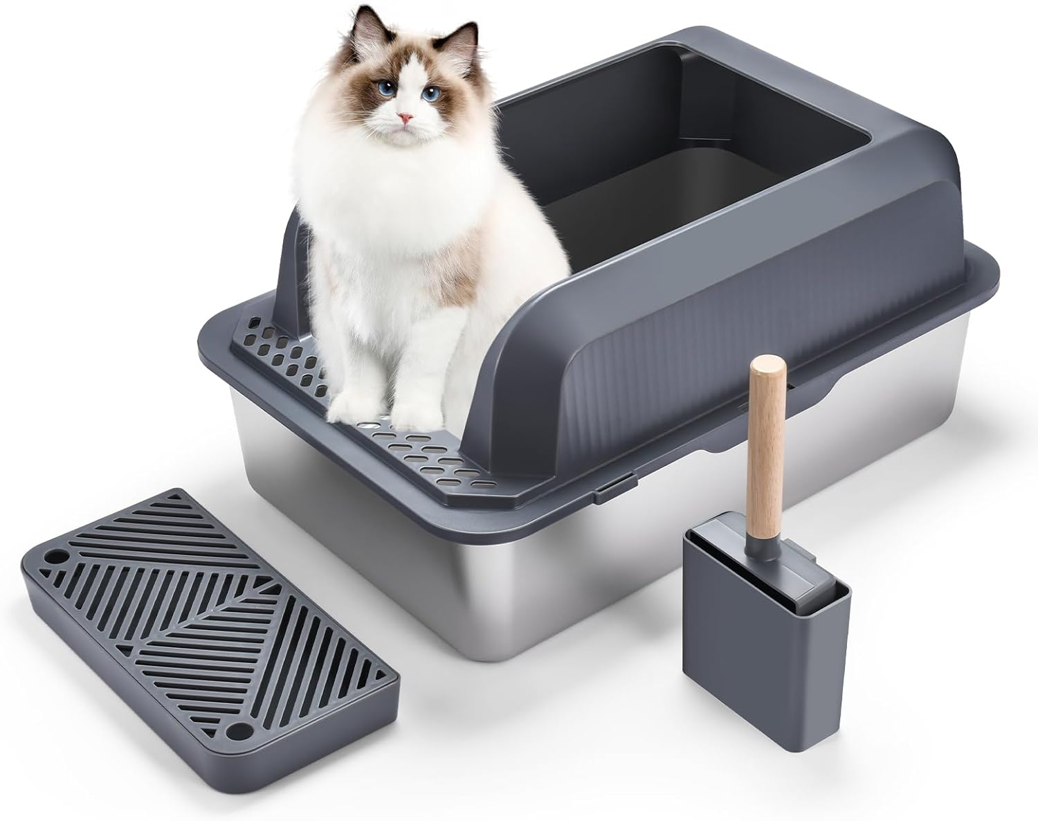 Enclosed Stainless Steel Cat Litter Box with Lid,Xl Extra Large for Big&Multiple Cats,Metal Litter Box High Wall Sides Enclosure Cat Toilet,Anti-Urine Leakage,Non-Sticky,Easy Cleaning,Include Scoop image number 2
