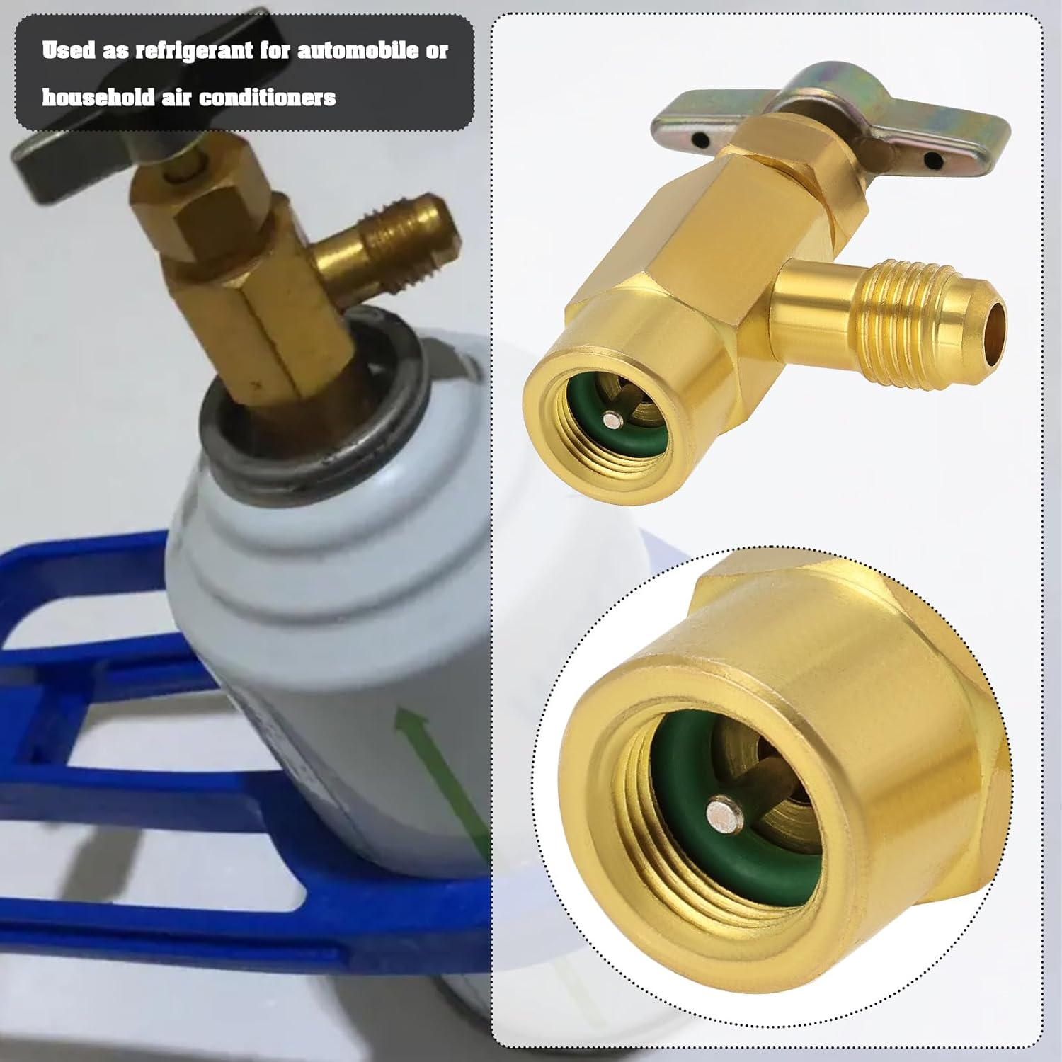 YINETTECH R600A Refrigerant Valve Bottle Opener Brass 7/16" Female Thread to 1/4" SAE Male Thread Self-Sealing Can Tap Adapter for Air Conditioning Refrigerant image number 6