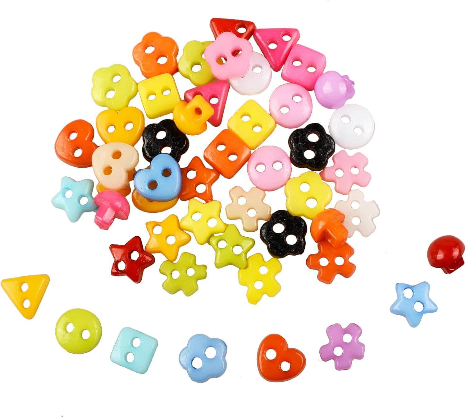 OELFFOW 100Pcs Colorful Mini Handmade Buttons for DIY (Star, Flower, Mushroom, Triangle, Square, Circle) image number 4