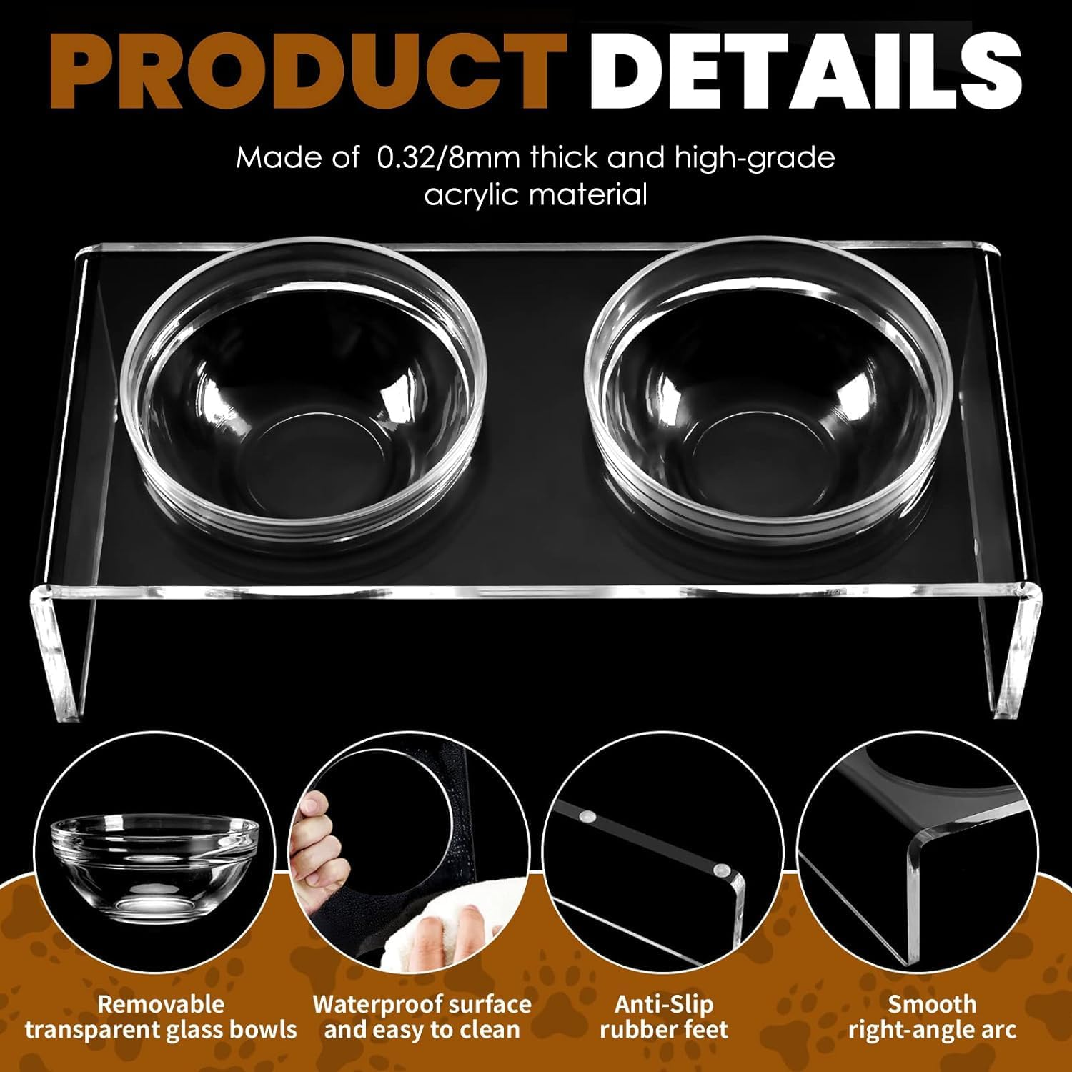 Acrylic Elevated Dog Cat Bowls Pet Feeder Double Bowl Raised Stand Comes with 2 Removable Glass Bowls and 2 Stainless Steel Bowls.Perfect for Cats Puppies Small Dogs image number 6
