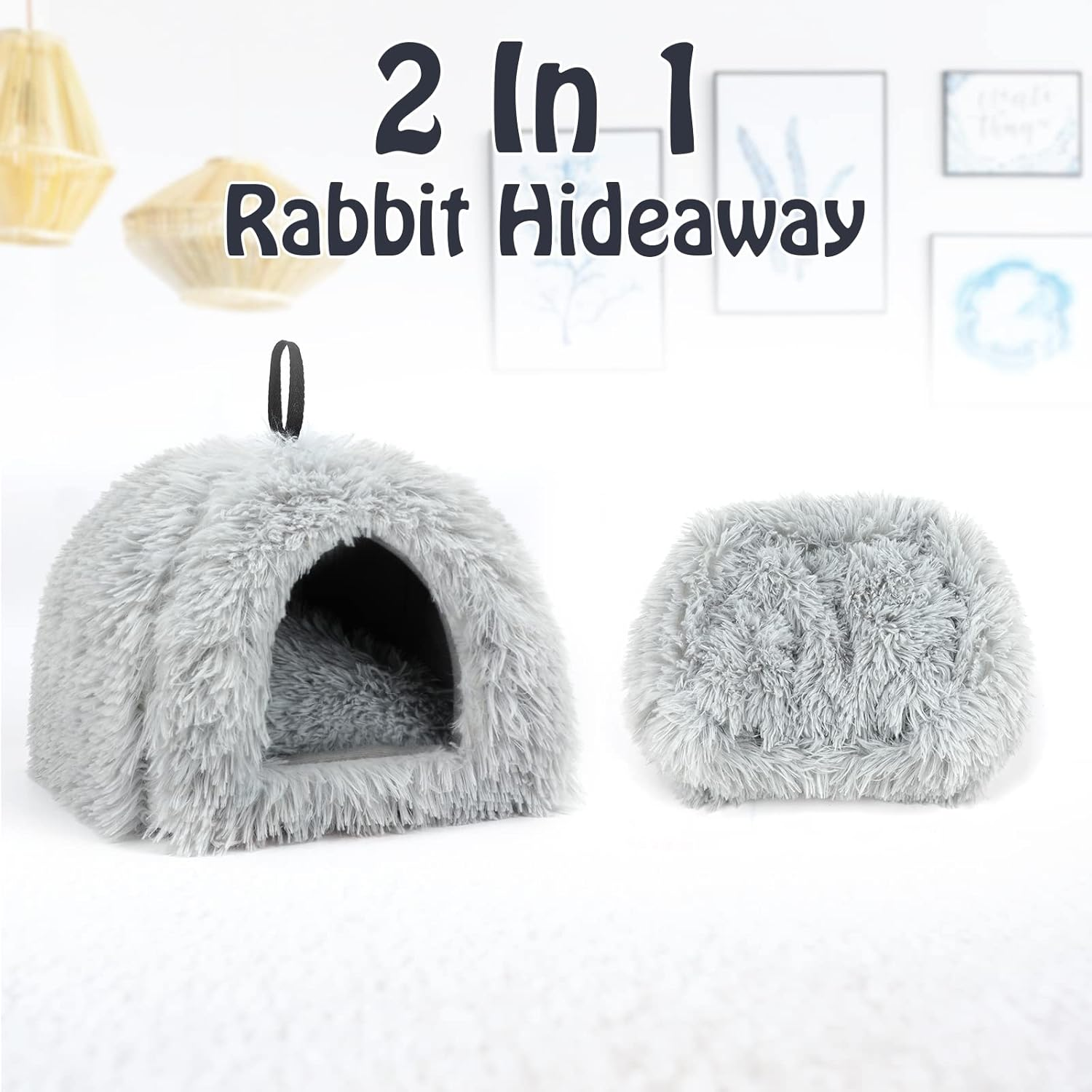 YUEPET Rabbit Bed Warm House and Hideout, Calming Grey Bunny Cave Bed for Rabbit Ferrets Guinea Pigs Hamsters and Other Small Animals（Grey）