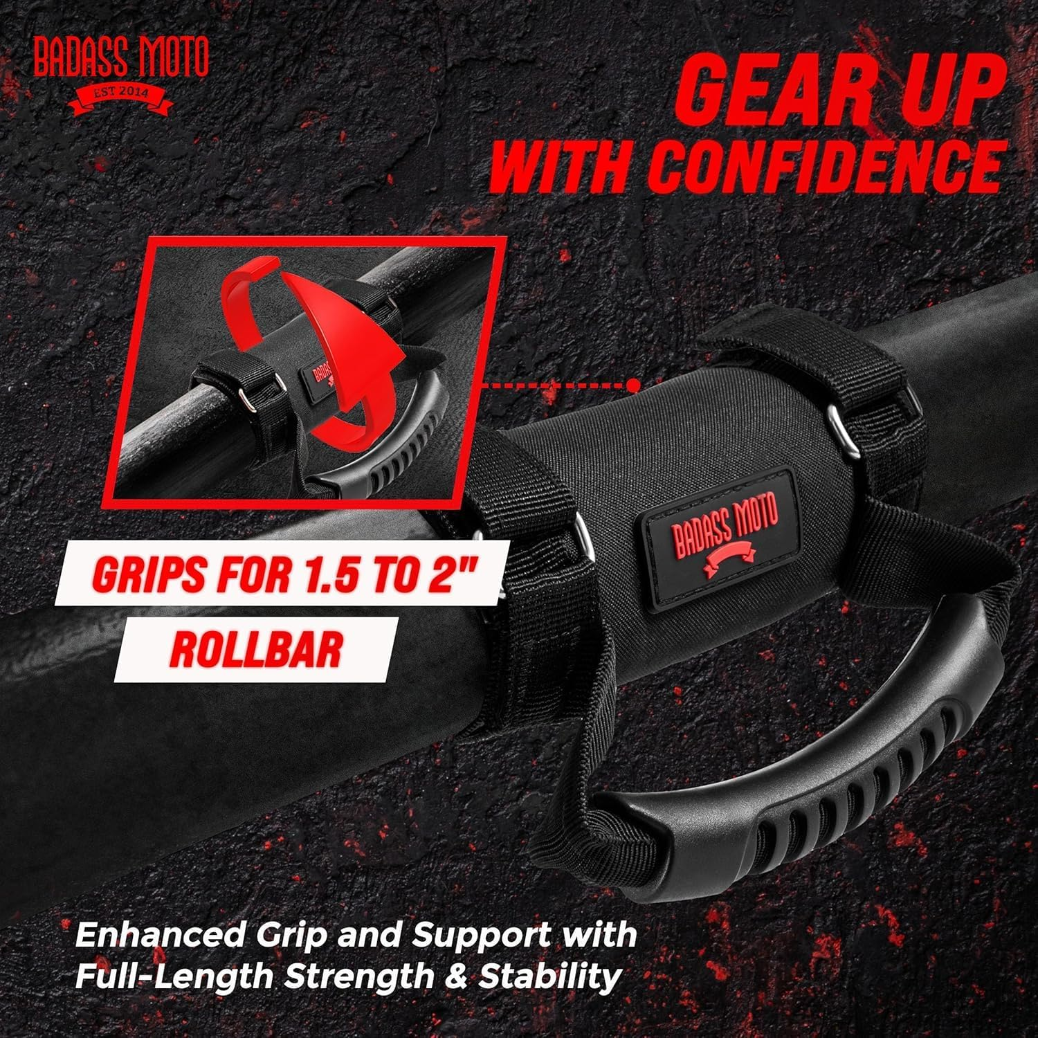 Badass Moto Roll Bar Grab Handles SXS, ATV, & UTV Grab Handles Grips for 1.5 to 2" Rollbar - Black & Red Hand Grip Grabs with Stainless Steel Buckles for Honda, Teryx, Can-Am, Polaris, Quad - 2 Pack image number 2