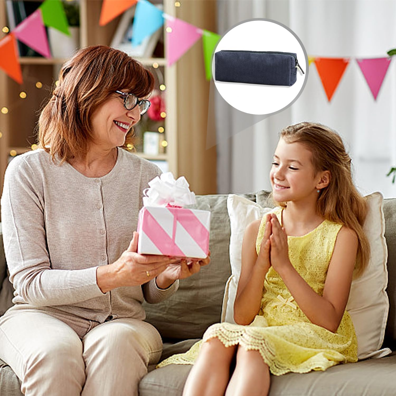 Corduroy Pouch, Large Capacity Storage Bag, Portable Pen Organizer for Kids, Office Stationery, Cute Makeup Pouch for Home, School, Office (Blue) - Blue image number 4