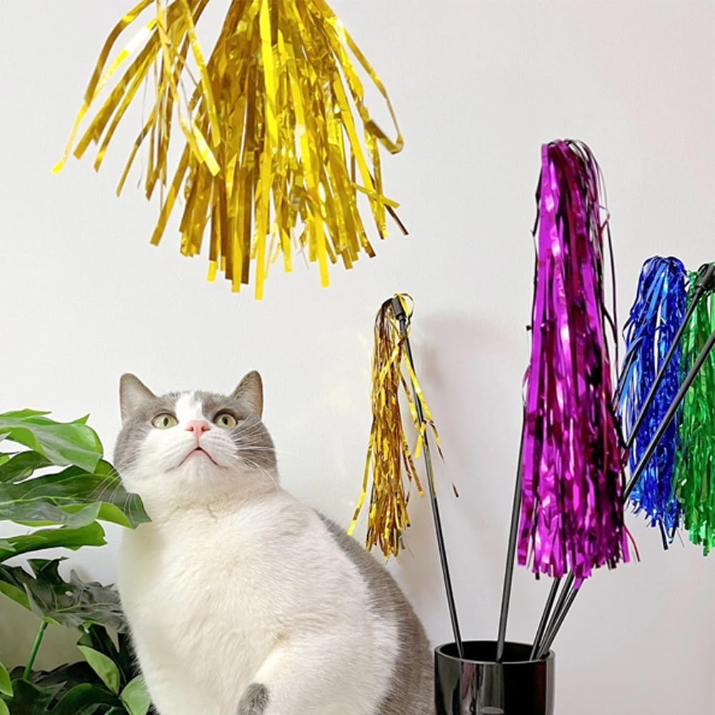 IUHKBH Cat Toy Wand 6 PCS Interactive Cat Teaser Wand with Sound Paper Tassels and Bell for Cat and Kitten