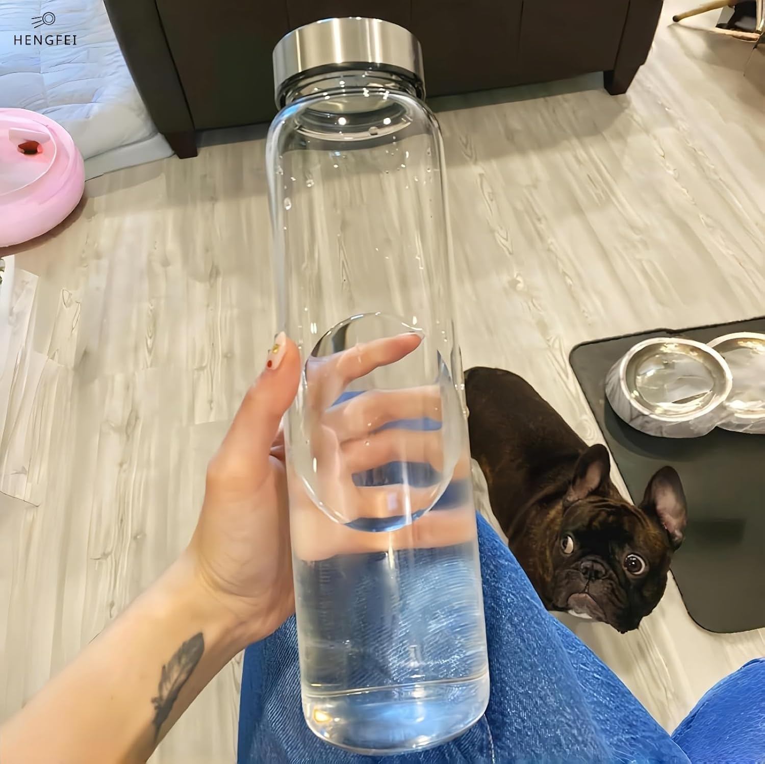 HENGFEI Glass Water Bottle 1L with Steel Lid，Clear Borosilicate Glass Drink Bottle with Infuser and Travel Sleeve. image number 1