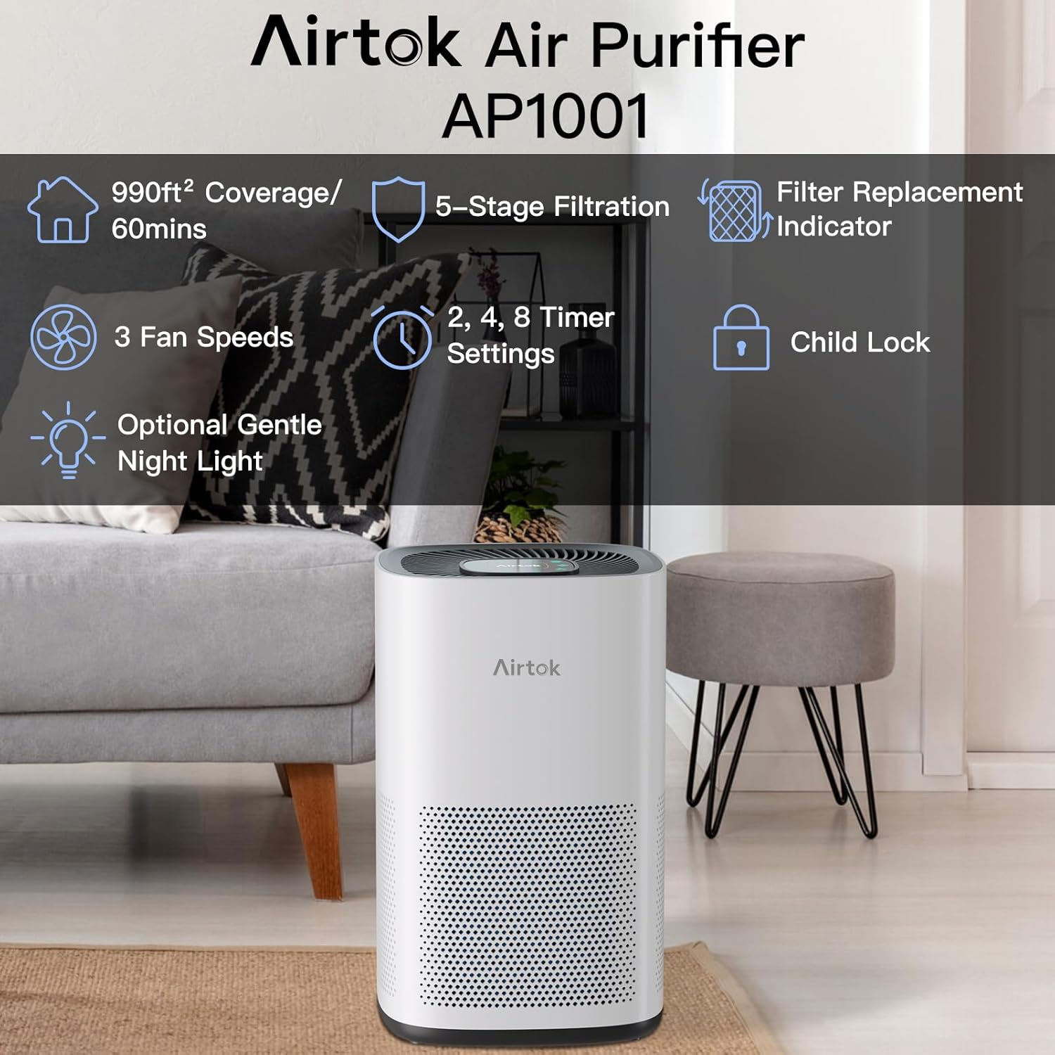 AIRTOK Air Purifiers Large Room with H13 True HEPA Filter for Bedroom Home - Air Purifier for Allergies and Pets Smoke Mold Dust Dander Odor Coverage Max 793 Ft2 99.9% Removal to 0.1Mic Ozone-Free image number 2