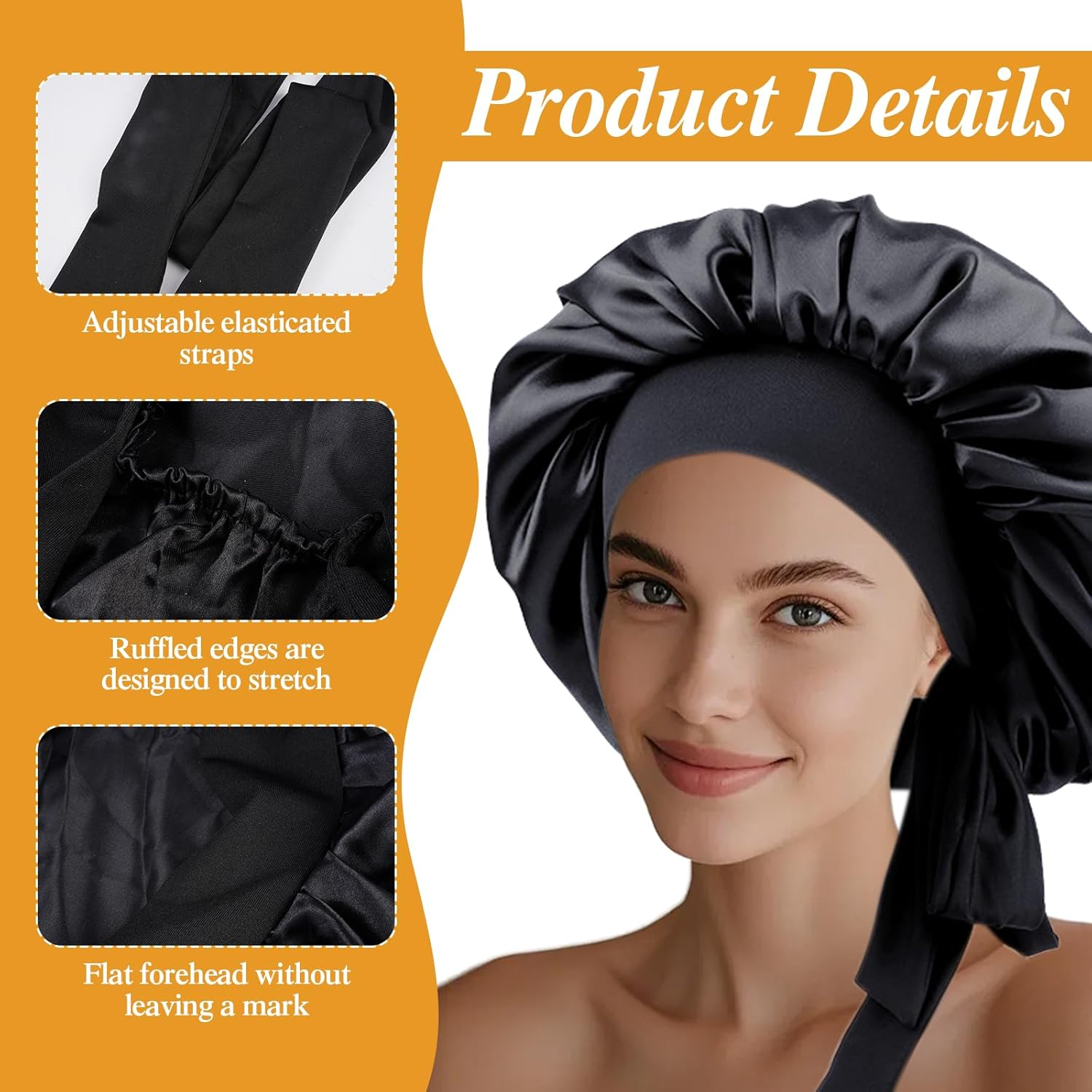 Bonnet Sleep Cap for the Night, Sleep Cap Hair with 3 Hair Elastics, Silk Sleep Cap with Elastic Band, Silk Hood for Sleeping Long Hair, Sleep Cap Silk Bonnet for Night Everyday (Black) image number 3
