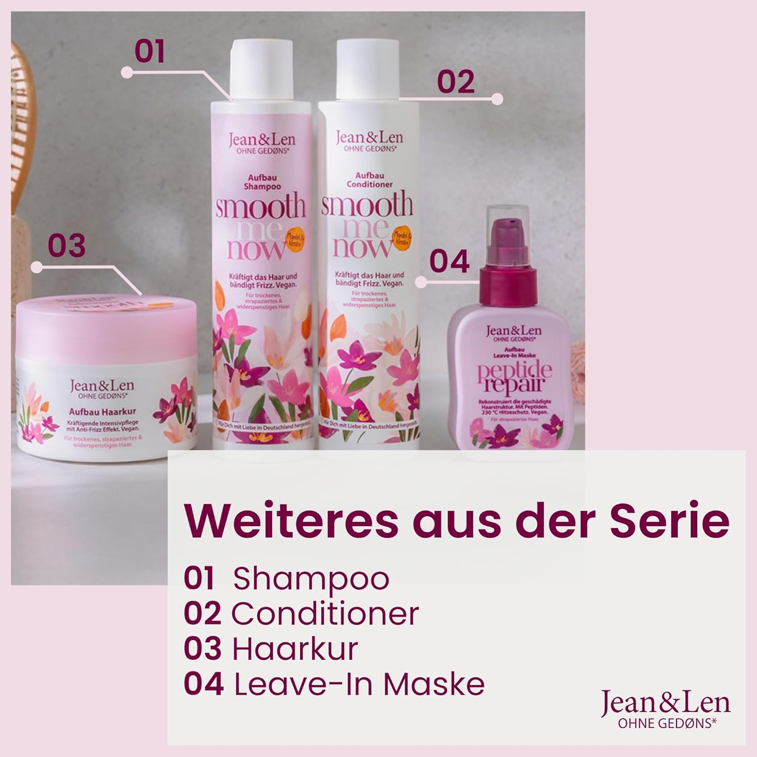 Jean & Len Leave-In Hair Mask Peptide Bond Repair for Damaged & Damaged Hair, Reconstructs & Repairs Hair Damage, Smoothes Hair Structure, Heat Protection up to 230 &deg;C, Vegan Hair Care, 100 Ml image number 2