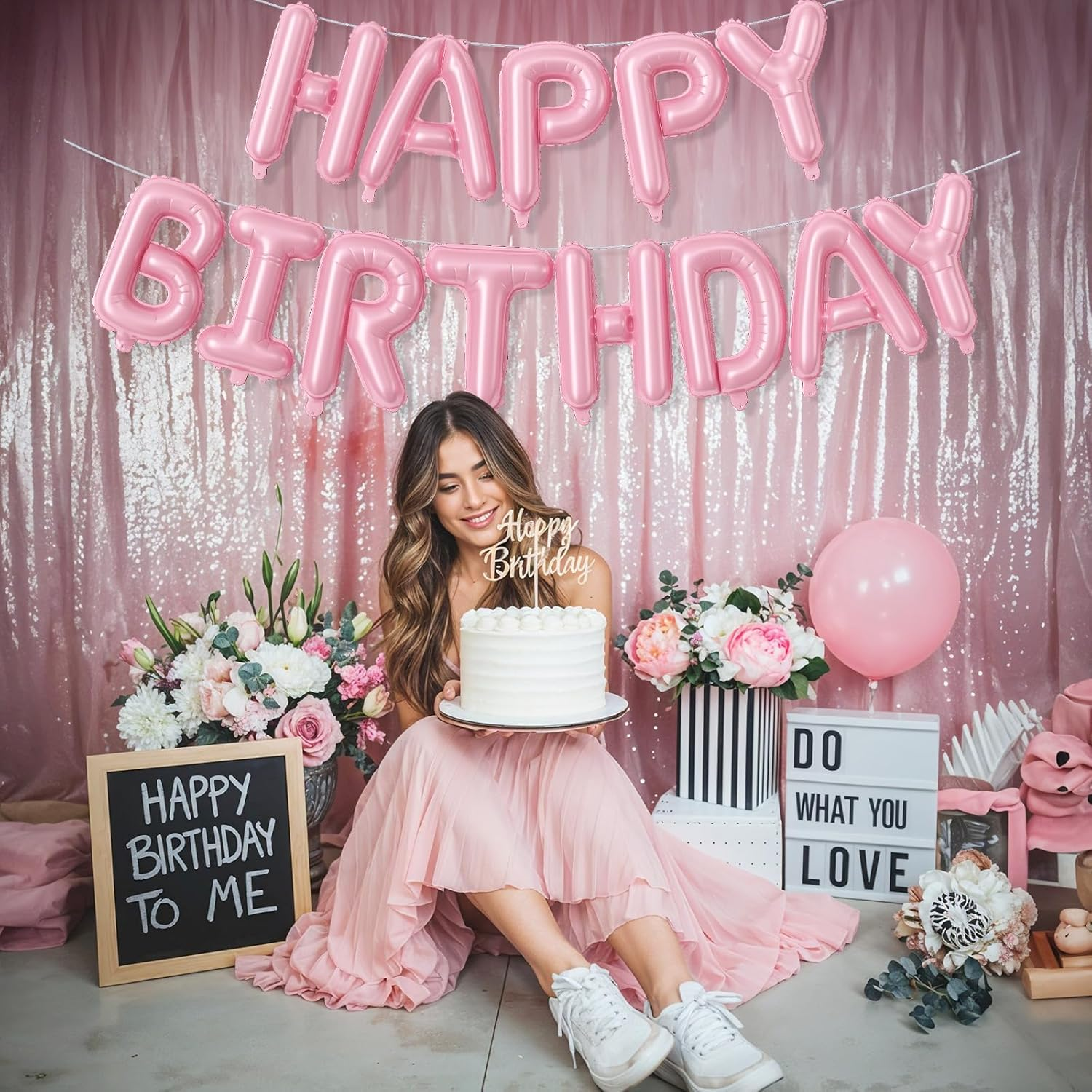 Pink Happy Birthday Balloon Banner, 16 Inch Pastel Pearl Baby Pink Self Inflating Happy Birthday Mylar Foil Balloon, Birthday Bunting Banner Letter Balloons for Girls Women Birthday Party Decorations