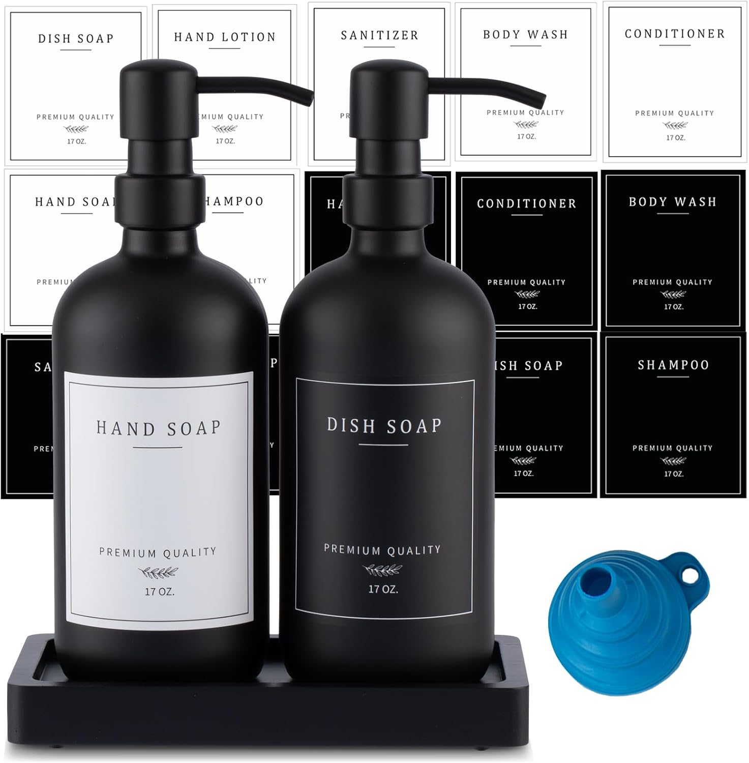 Thick Glass Soap Dispenser - Kitchen Dish Hand Soap Dispenser Set,Rustproof Pump Soap Lotion Dispenser Bathroom with Tray,14 Stickers for Kitchen Decor White Bottle/Gold Pump