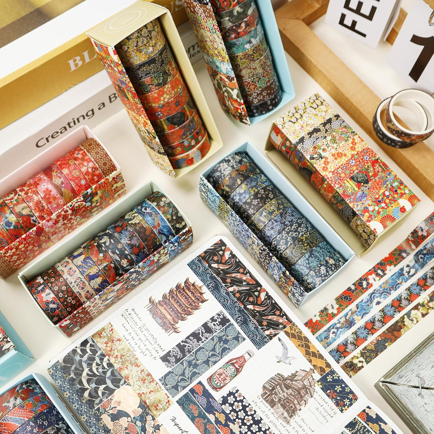 12 Rolls Ukiyo-E Style Washi Tape Set Japanese Kyoto Arts Adhesive Tapes Skinny Decorative Masking Tape Sets for Craft, Kids, Scrapbook, DIY, Gift Wrapping (Waves of Tradition) image number 4