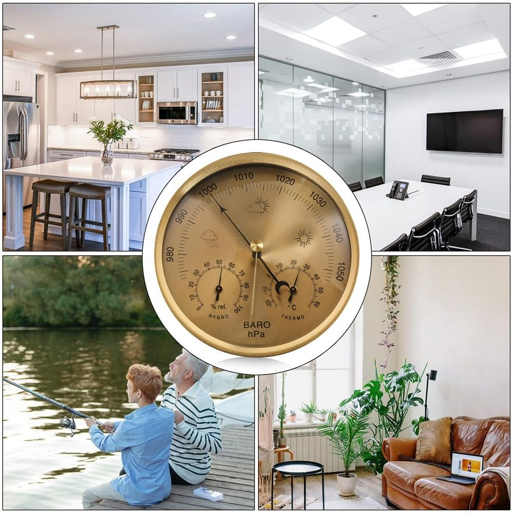 3-In-1 Dial Barometer Thermometer Hygrometer (Gold) Metal+Abs+Acrylic for Home, Wall Decor, Baby Room, Fishing 1 Piece image number 1
