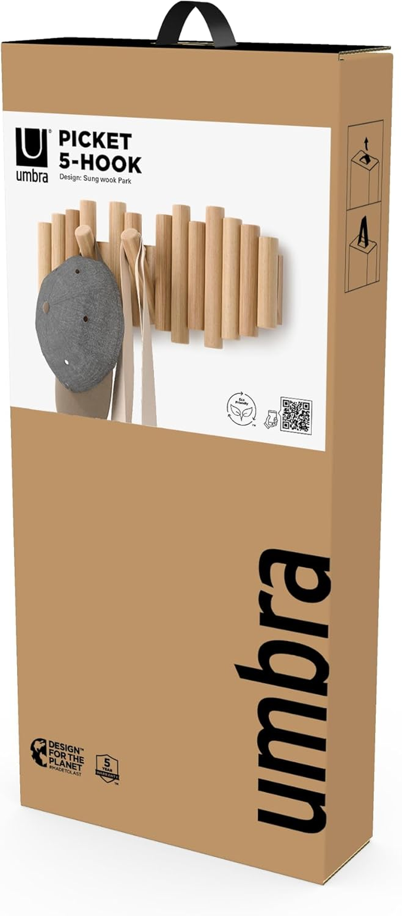 Umbra, Natural Picket 5 Hooks, Wall-Mounted Rail, Doubles as Art, Beveled Pine Wood Dowels, Finish, 14.9 X 6.6 X 1.6 - Natural image number 5