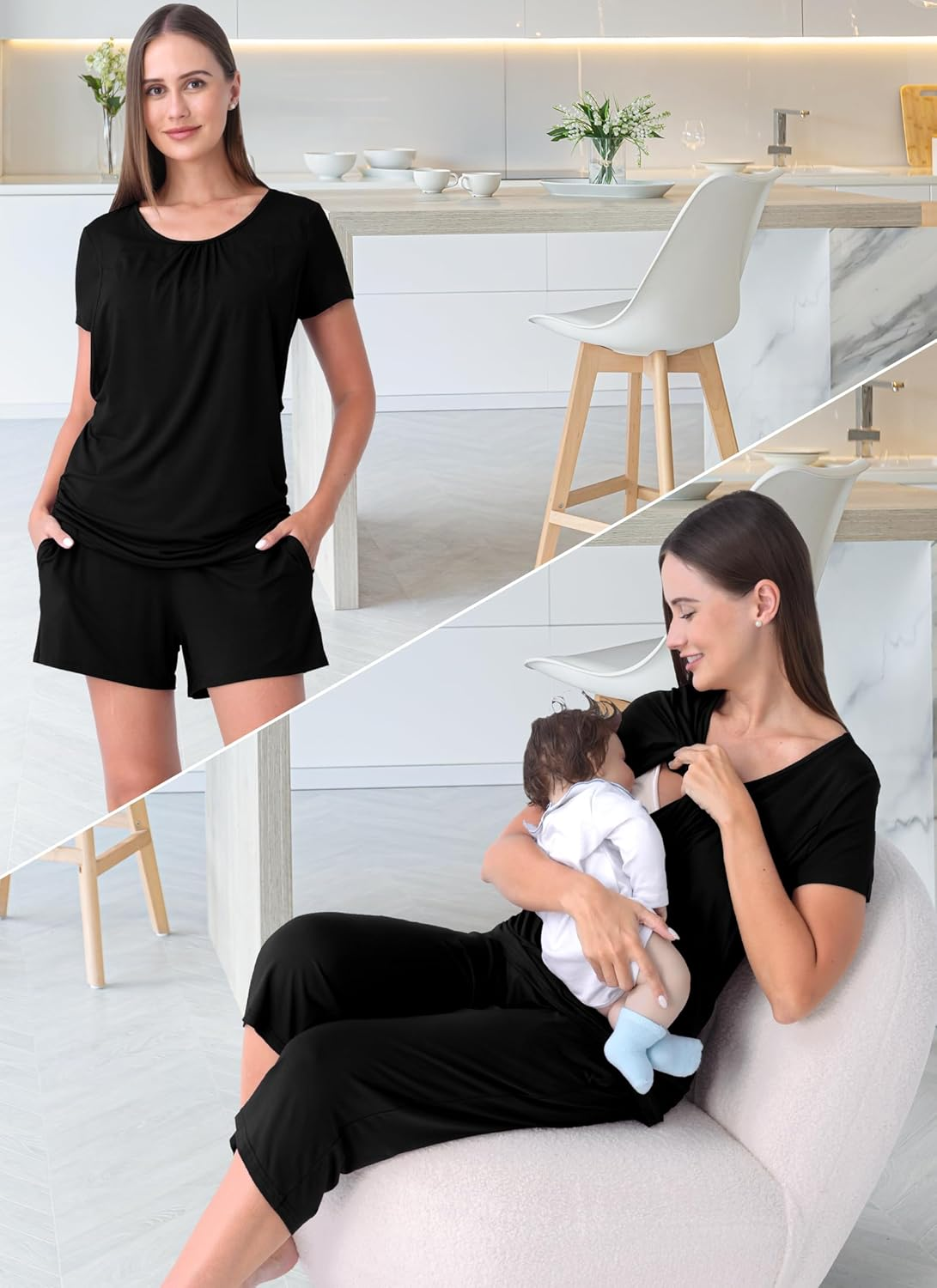 3 Piece Maternity Nursing Pajamas Set for Women Breastfeeding Shirts Pjs Postpartum Shorts&Capri Pants Pockets
