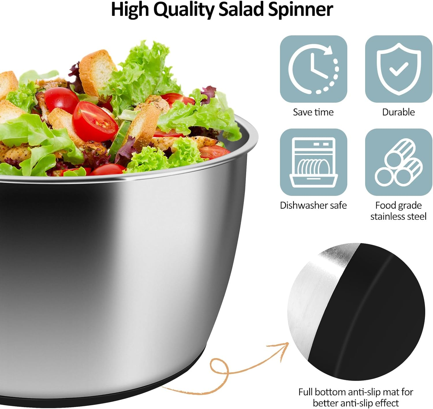 RAINBEAN Salad Spinner Stainless Steel Large, Multi-Use Lettuce Spinner Wash Spin and Dry Fruits and Vegetables with Drain Bowl Colander Spinner (5 Qt)