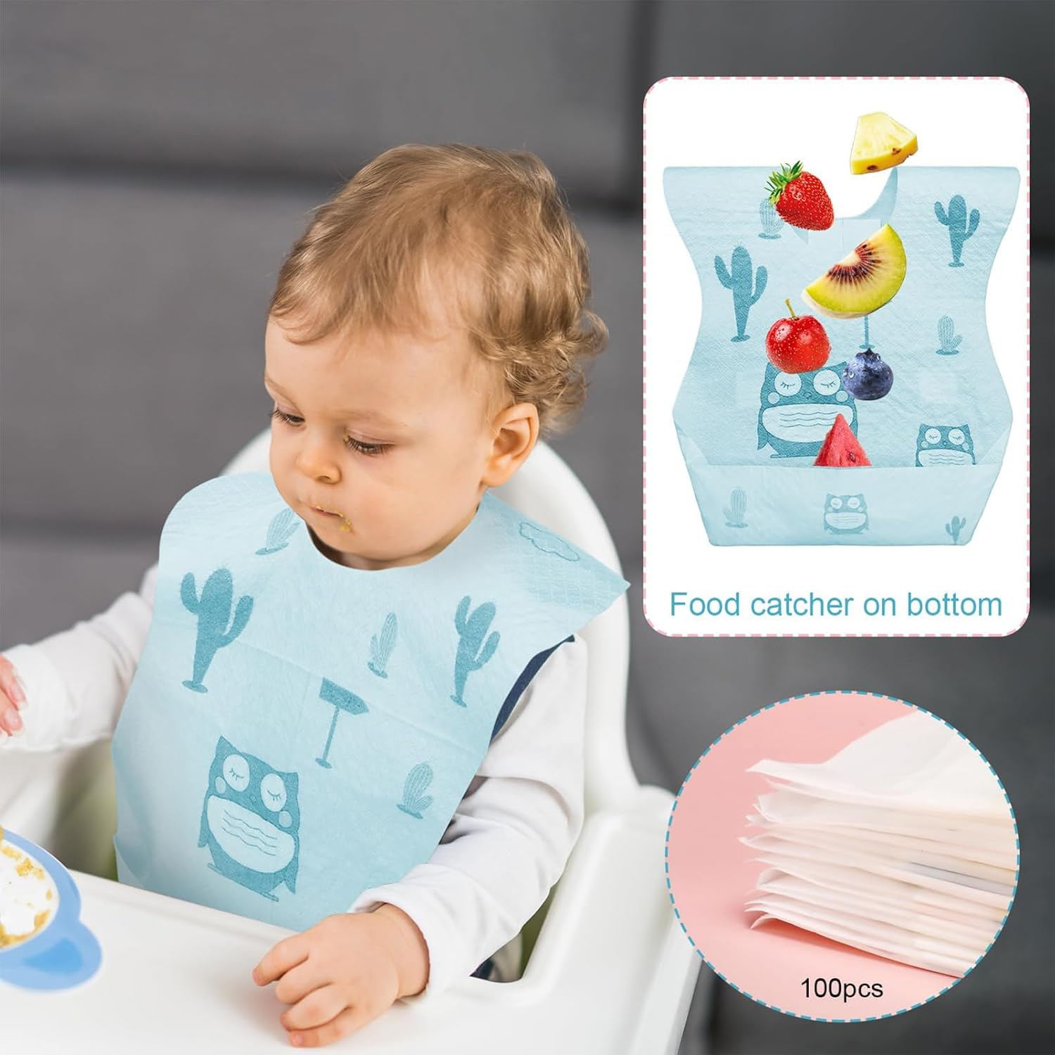 Zoney 50 PCS Disposable Bibs,Portable Baby Bibs for Girls and Boys, Travel Bibs with Individual Package, with Food Catcher Pocket, Waterproof and Adjustable,Toddlers Outdoor Feeding - Fruits image number 4
