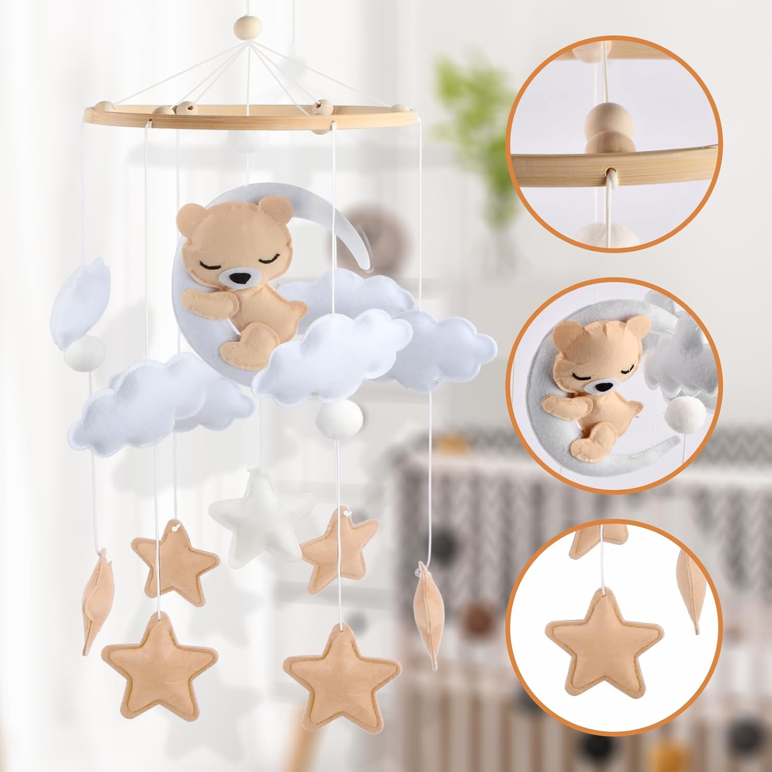 Felt & Wood Baby Mobile for Baby Cot - Snoozing Bear, Handmade, Montessori Hanging Mobile, Sensory Toy for Newborns, Nursery Decoration, Baby Shower Gift (Brown) image number 5