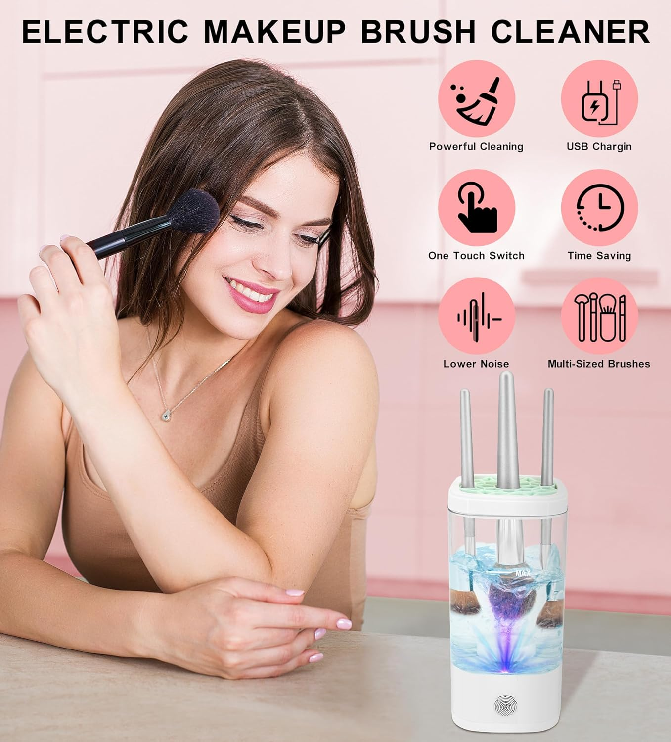 YBVABE Makeup Brush Cleaner Machine, Electric 9000 RPM Automatic Rotation, IP65 Waterproof, USB Plug Design, Fast and Efficient Cleaning for Makeup Brushes and Sponges, Easy to Use