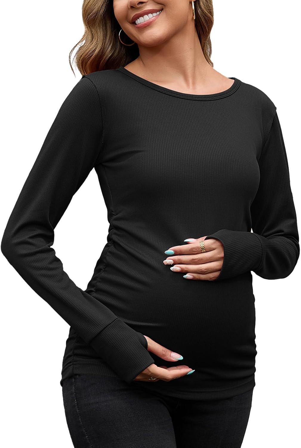 GINKANA Womens Maternity Long Sleeve Shirts Casual Slim Fitted Crew Neck Pregnancy Tops Pullover Shirts with Thumbholes