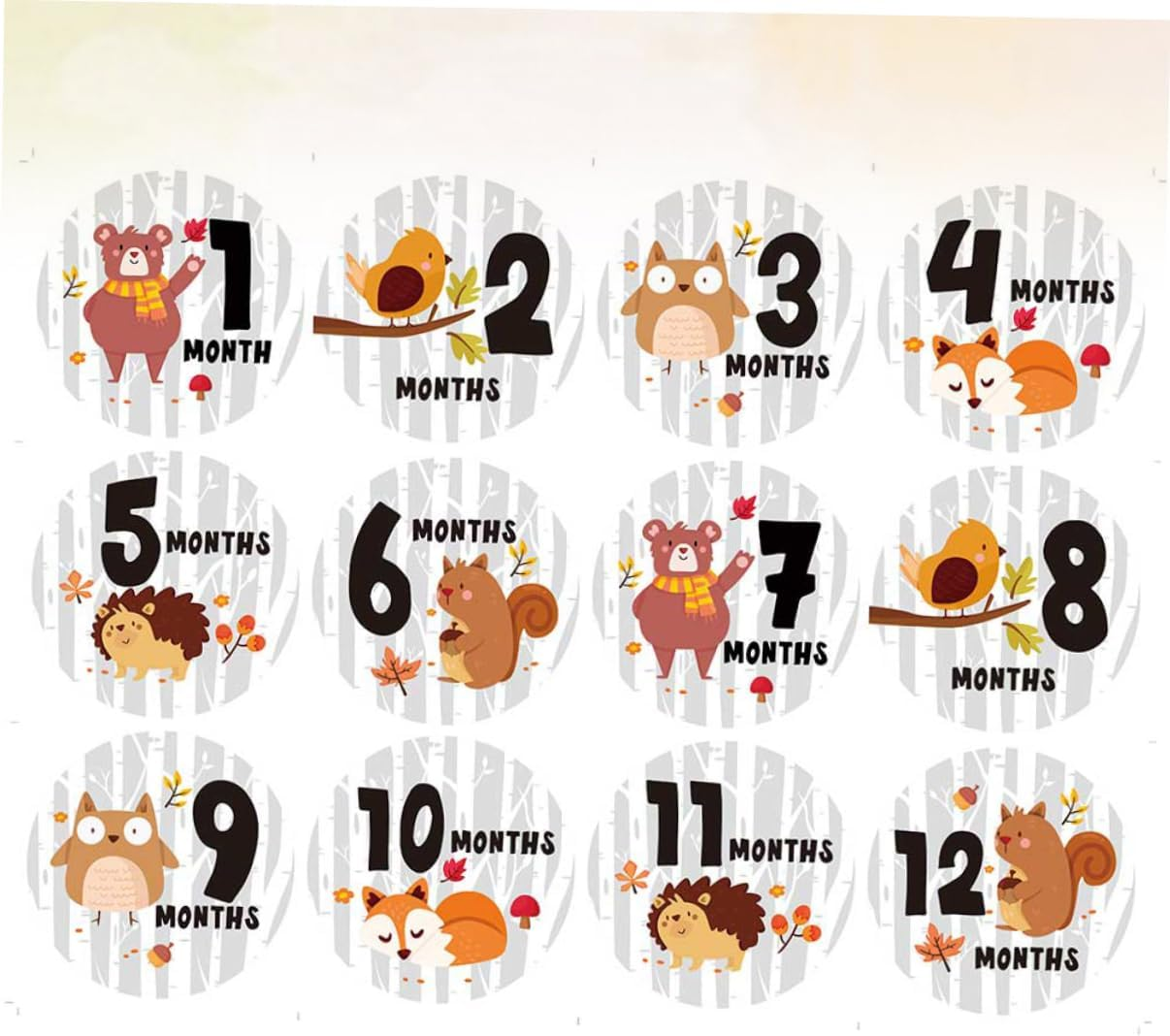 12PCS Milestone Stickers Creative round Animal Design Self Adhesive Newborn Photography Props for Tracking Growth and Media image number 2