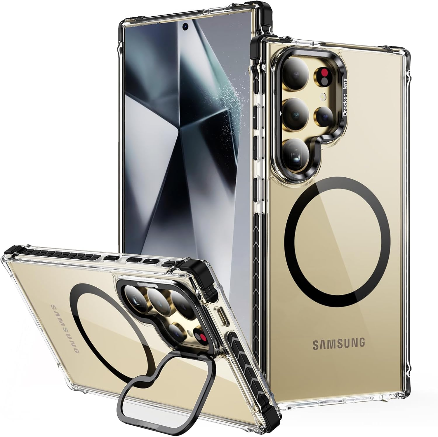 For Samsung S24 Ultra Case with Metal Camera Stand,Magnetic High-Transparency Full Protection Shockproof Case for Galaxy S24 Ultra（Black）