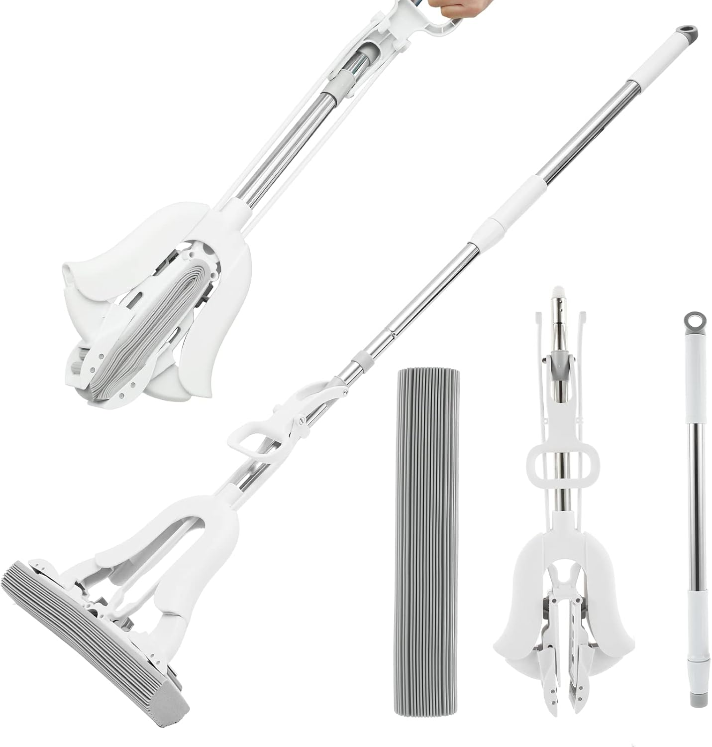 Folding Sponge Mop, PVA Mop Super Absorbent, Squeeze Mops for Floor Cleaning, Stainless Steel Handle, 12.9" PVA Sponge 1Pcs, Home Office Universal Cleaning with Wringer