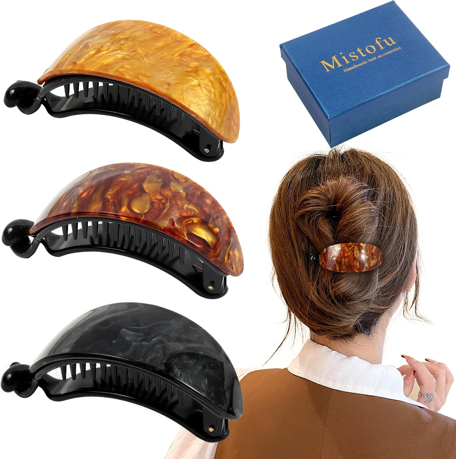 Mistofu 3Pcs French Concord Women'S Hair Claw Clips - Curved Strong Hold No Slip Grip Large Clips for Thick or Thin Hair (Multicolor A)