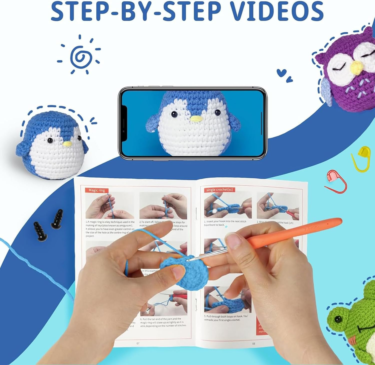 PACIOCEAN Beginner Crochet Kit,All-In-One Stuffed Animal Knitting Sets,Diy Penguin Crochet Kits with Step-By-Step Instruction and Video Tutorials（Penguin） image number 5