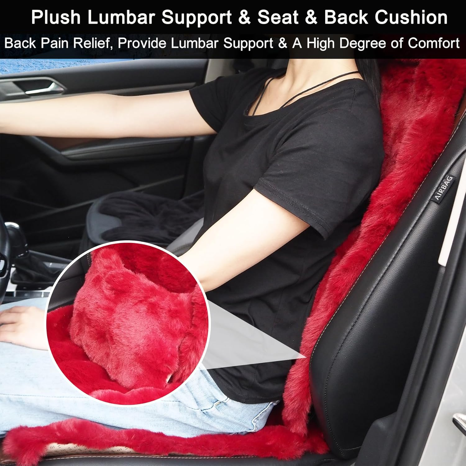 Fluffy Car Seat Covers, Front Seat Full Set Fuzzy Cushions, Soft Lumbar Support Cushion & Headrest Pillow for Pain Relief, Universal Fit Car Seat Cushion Seats Protector for Fatigue Relief (Wine Red) - Black image number 6