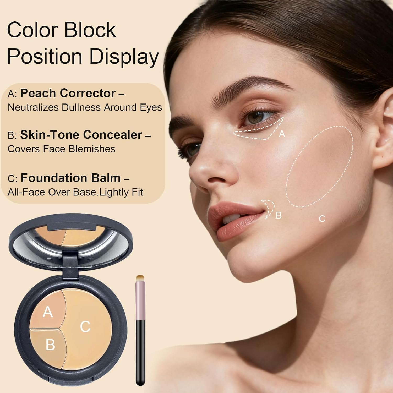 3-Color Cream Concealer Palette with Brush,Color Corrector Cream Kit for Smooth Contouring to Conceal, Correct, and Contour with a Velvety Finish. image number 3
