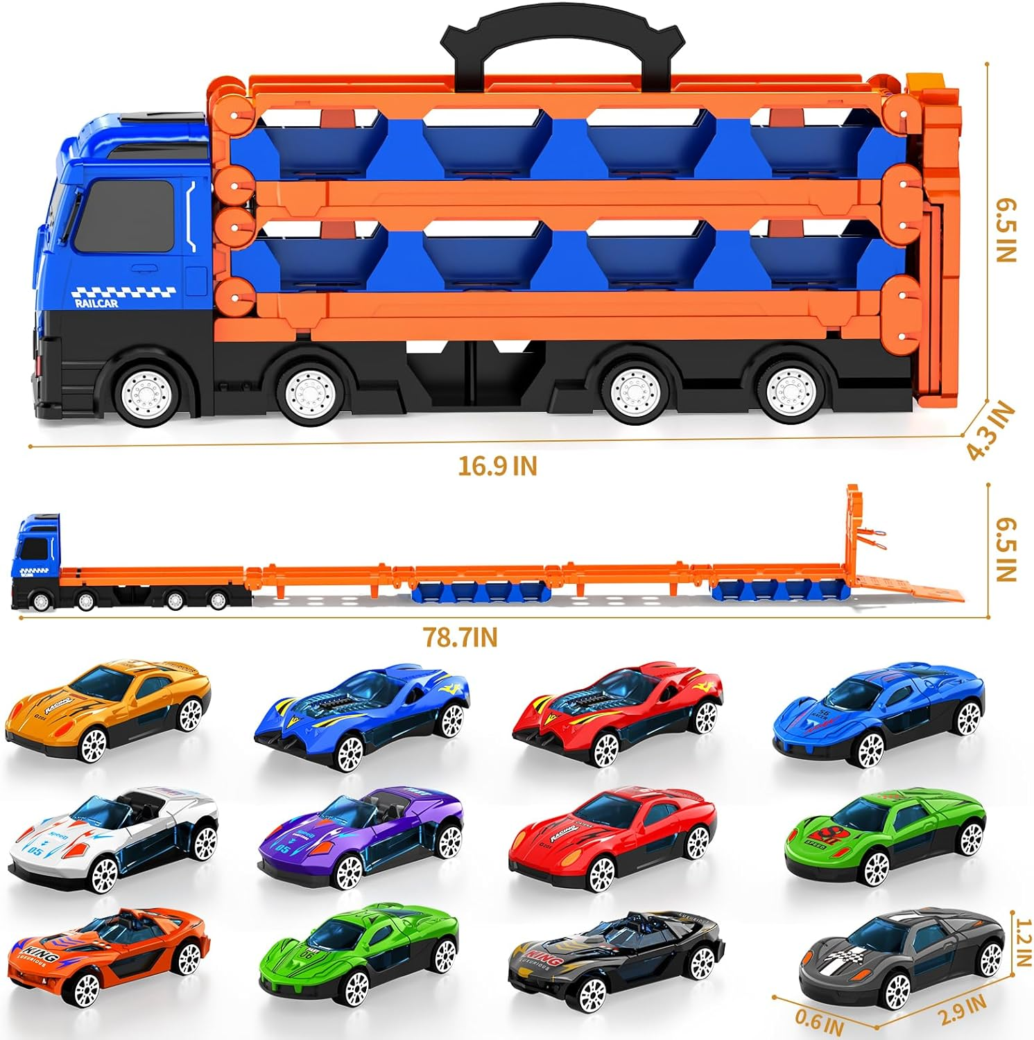 MSKOLER 78.7-Inch Race Cars Track Truck Toys for Boys 2 3 4 5 6 7 Years Old - Transport Carrier Trucks, Foldable Track Storage, Die-Cast Cars, for Toddlers & Kids Aged 3-5 - Red Truck Toy image number 3