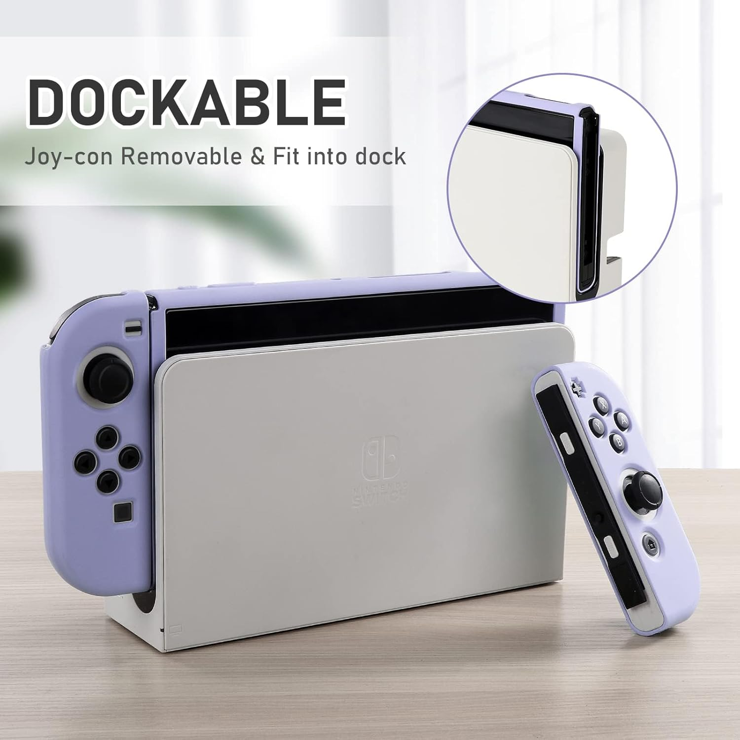 Dockable Case for Nintendo Switch OLED Model 2021, Soft TPU Protective Cover Case for Switch OLED Console and Joy-Con Controller with 2 Pcs Thumb Grip - Light Purple image number 6