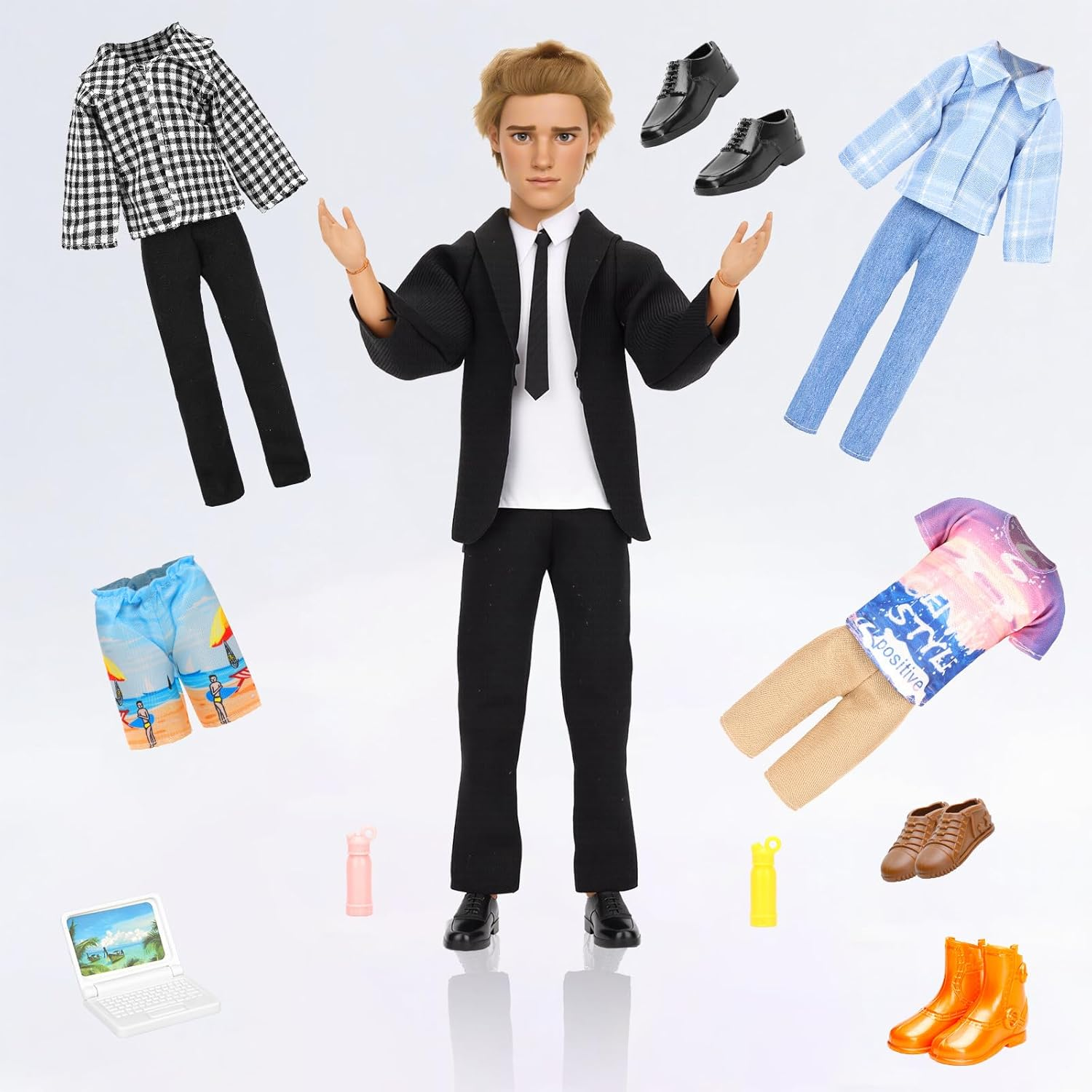 Barwa Lot 16 Items Clothes for 12 Inch Boy Doll EU CE-EN71 Certified Include 4 Sets Casual Wear Clothes + 5 Pants + 3 PCS Shoes Laptop Water Bottles image number 4