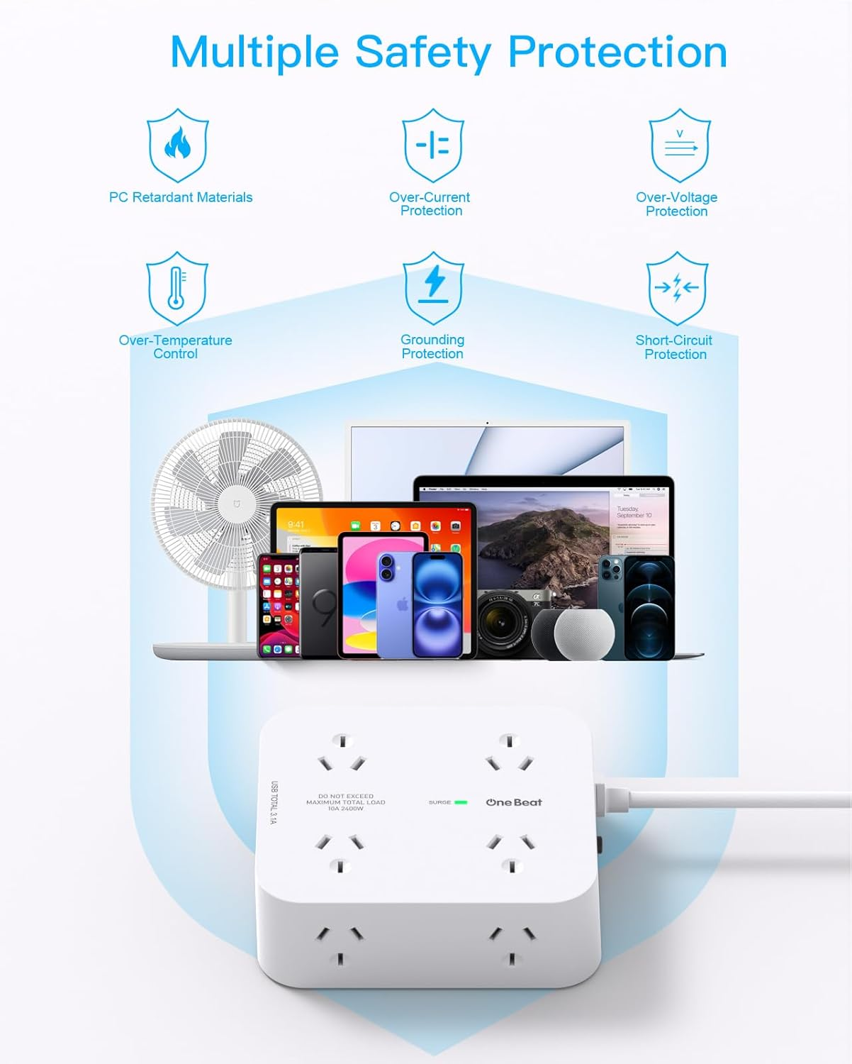 Power Board Surge Protected, 8 Outlets with 4 USB (2 USB C) Charging Ports, Multi Plug Outlet Extender,1.2M Extension Cord, Flat Plug Wall Mount Desk Charging Station for Home Office Dorm image number 3