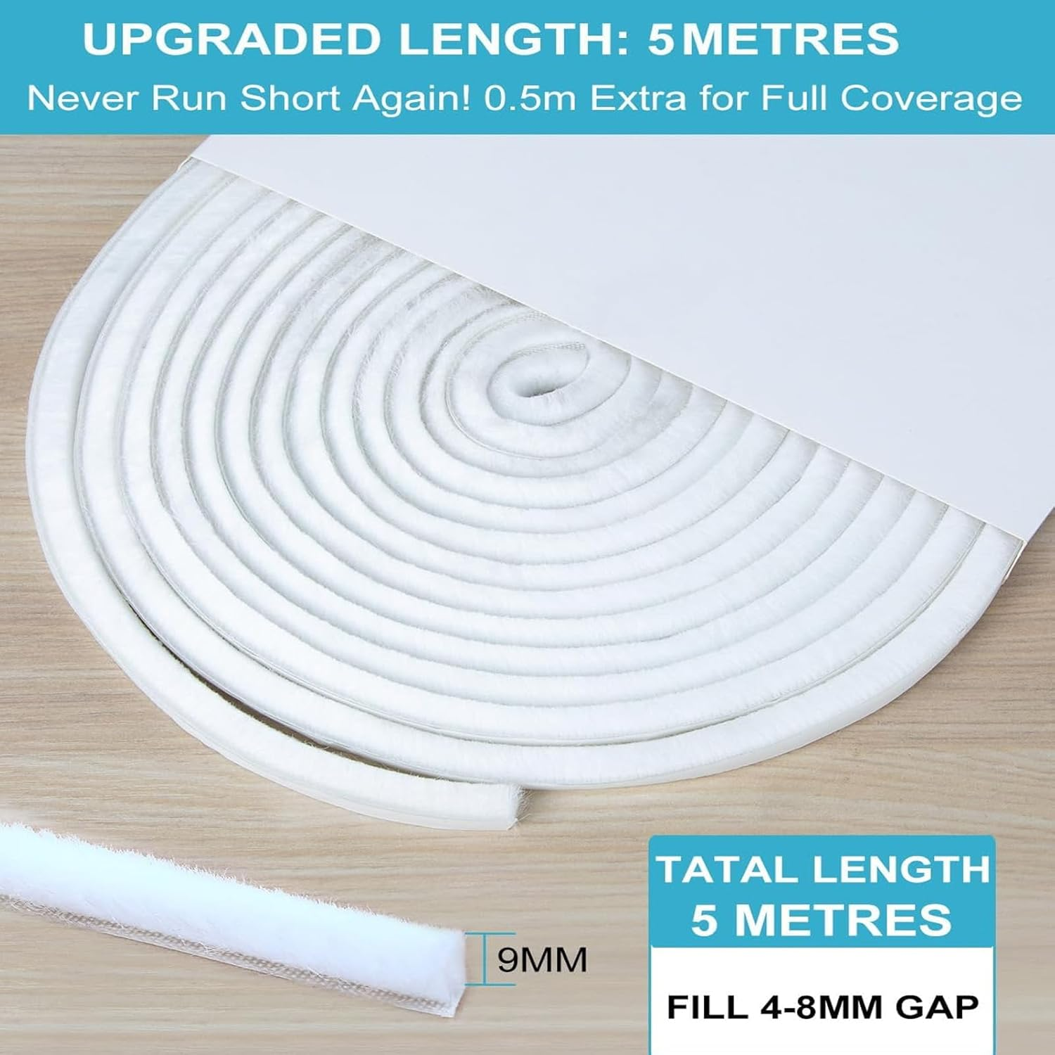 Draft Excluder for Doors, Window Seal Strip, 5M Adhesive Draught Stopper, Draught Excluder for Door, Window, Wardrobe - High-Density Felt - 9Mm(W) * 9Mm(H)（White） image number 5