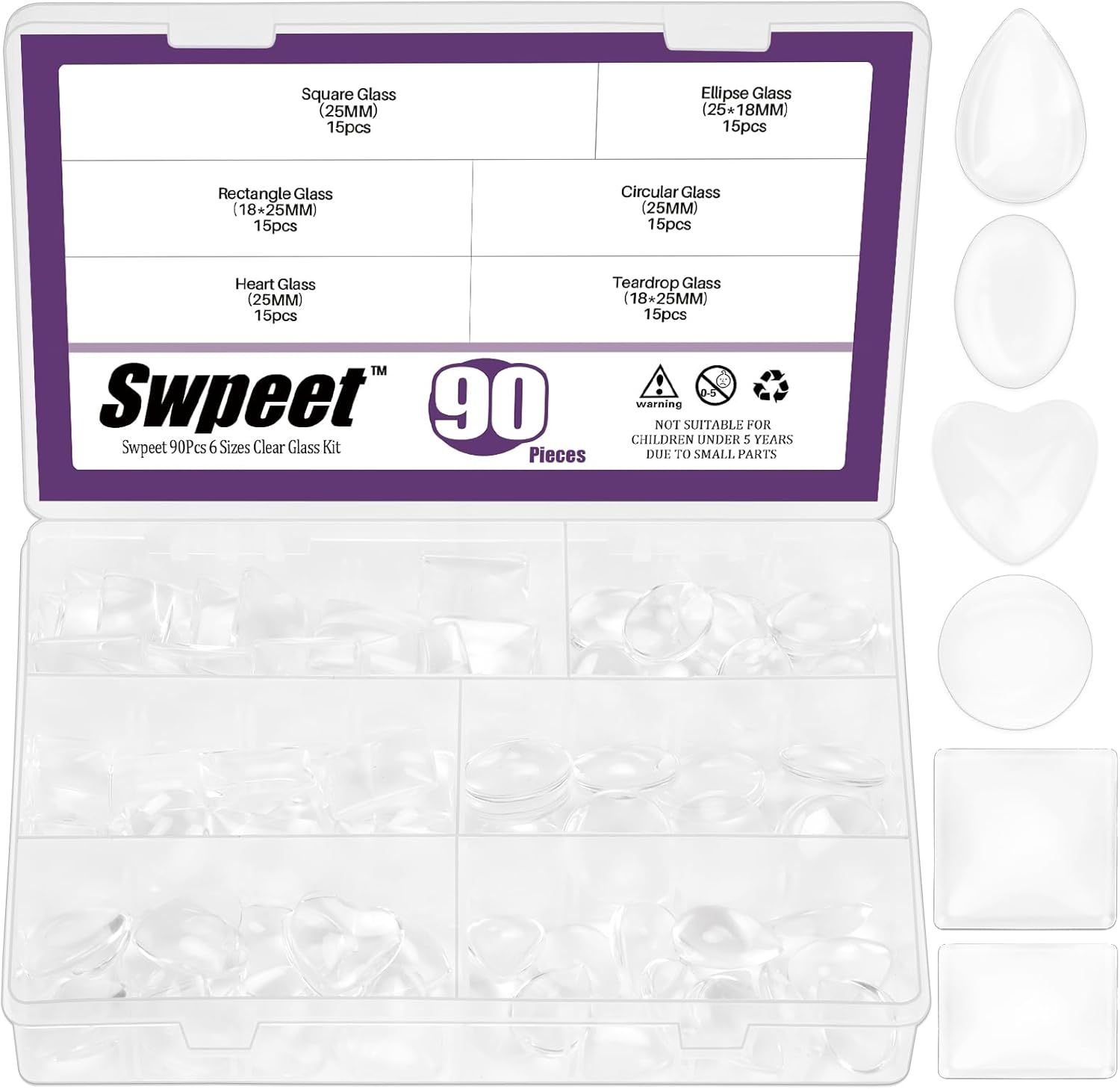 Swpeet 90Pcs 25Mm 6 Styles Round/Square/Rectangle/Heart/Oval/Teardrop Transparent Glass Dome Cabochons Tiles Assortment Kit, Clear Glass Cabochons Tiles for Photo Pendant Necklace Jewelry Making Craft