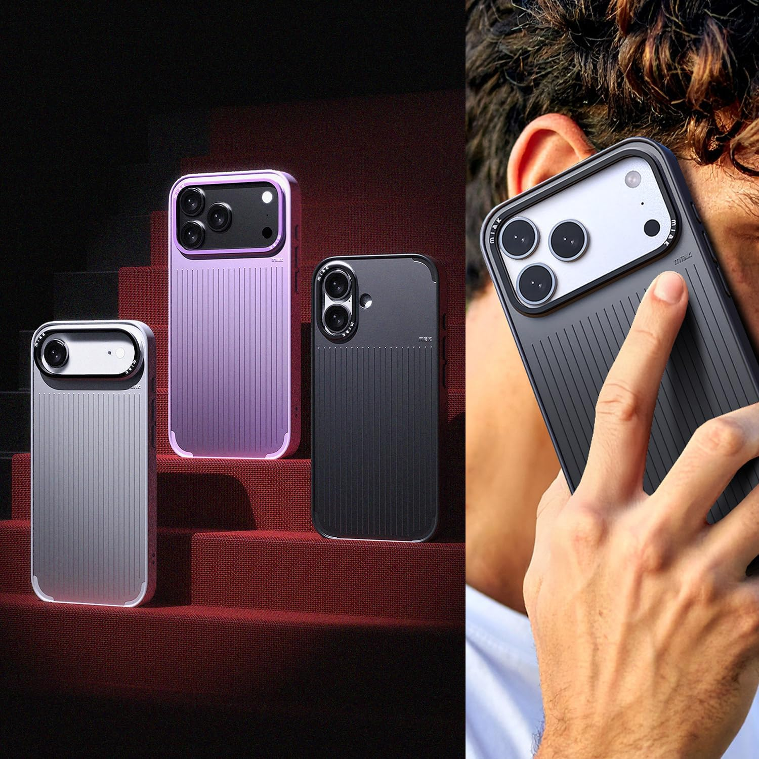 Miak Ma28066I17 Case, Compatible with Magsafe Mod, Stylish Vertical Line Design, Metal Camera Frame, Lens Protection, 4 Corners, Air Cushion, Shock Absorbing, Dustproof, Display Protection Design - Black image number 4