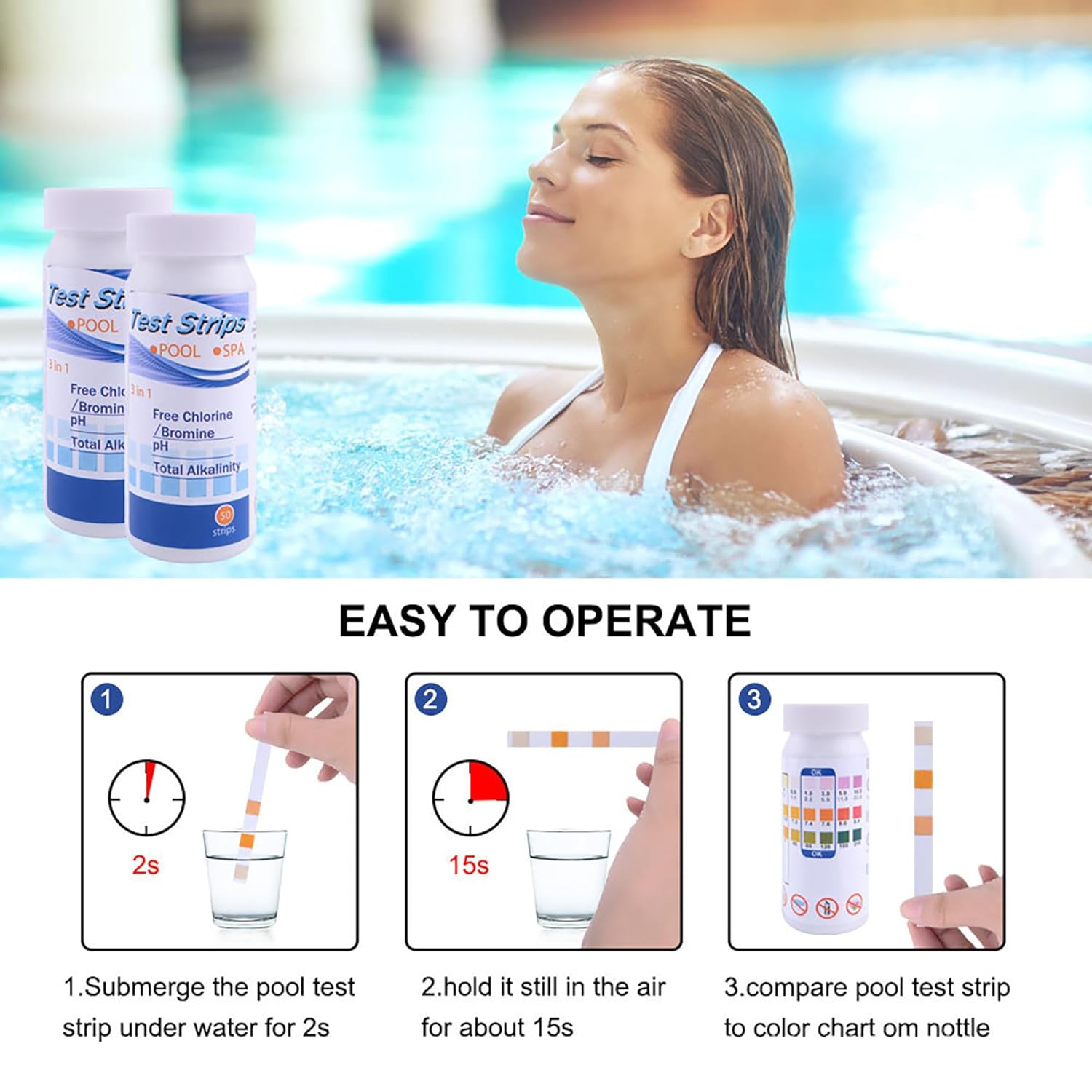JUMXSRLE Pool and Spa Test Strips, 7 in 1 Quick Accurate Swimming, 100 Pool Test Kit - Hot Tub Test Strips & Pool Water Testing Strips for Ph Chlorine Bromine Hardness Alkalinity Cyanuric Acid image number 2