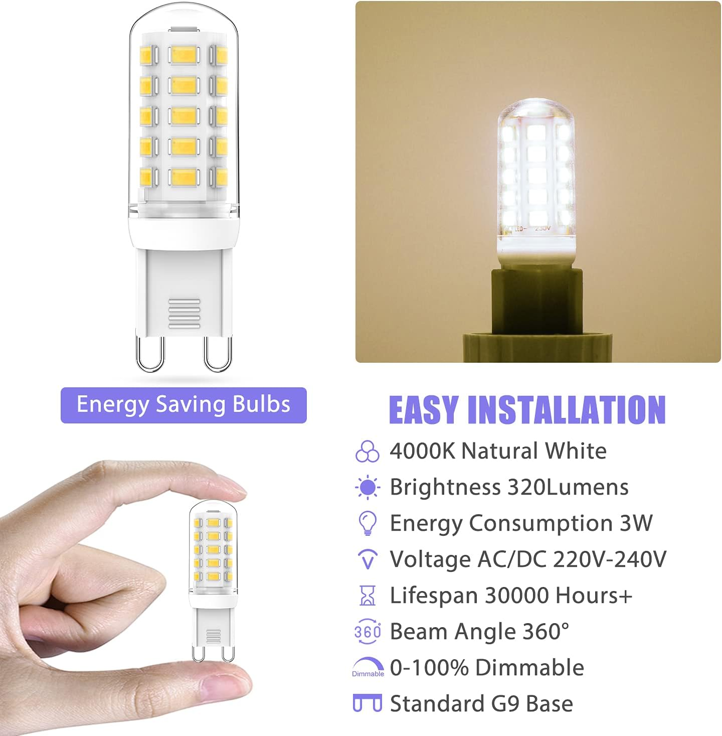G9 LED Dimmable Neutral White 4000K, 3W LED G9 Lamp Replacement 25W 28W 33W 40W Halogen Bulb, No Flickering G9 LED Bulb, 320LM, AC 220-240V, 360 Degree Beam Angle G9 Socket Bulb, Pack of 10 image number 1
