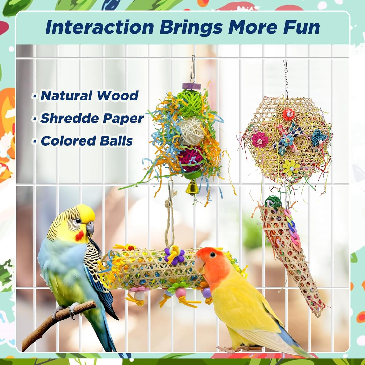 SUSOO 5 PCS Bird Chew Shredding Toys, Natural Foraging Toy with Rope Perch Swing, Interactive Hanging Funny Cage Accessories for Parrot, Parakeets, Budgies,Conures, Cockatiel,Lovebirds and Finches image number 1