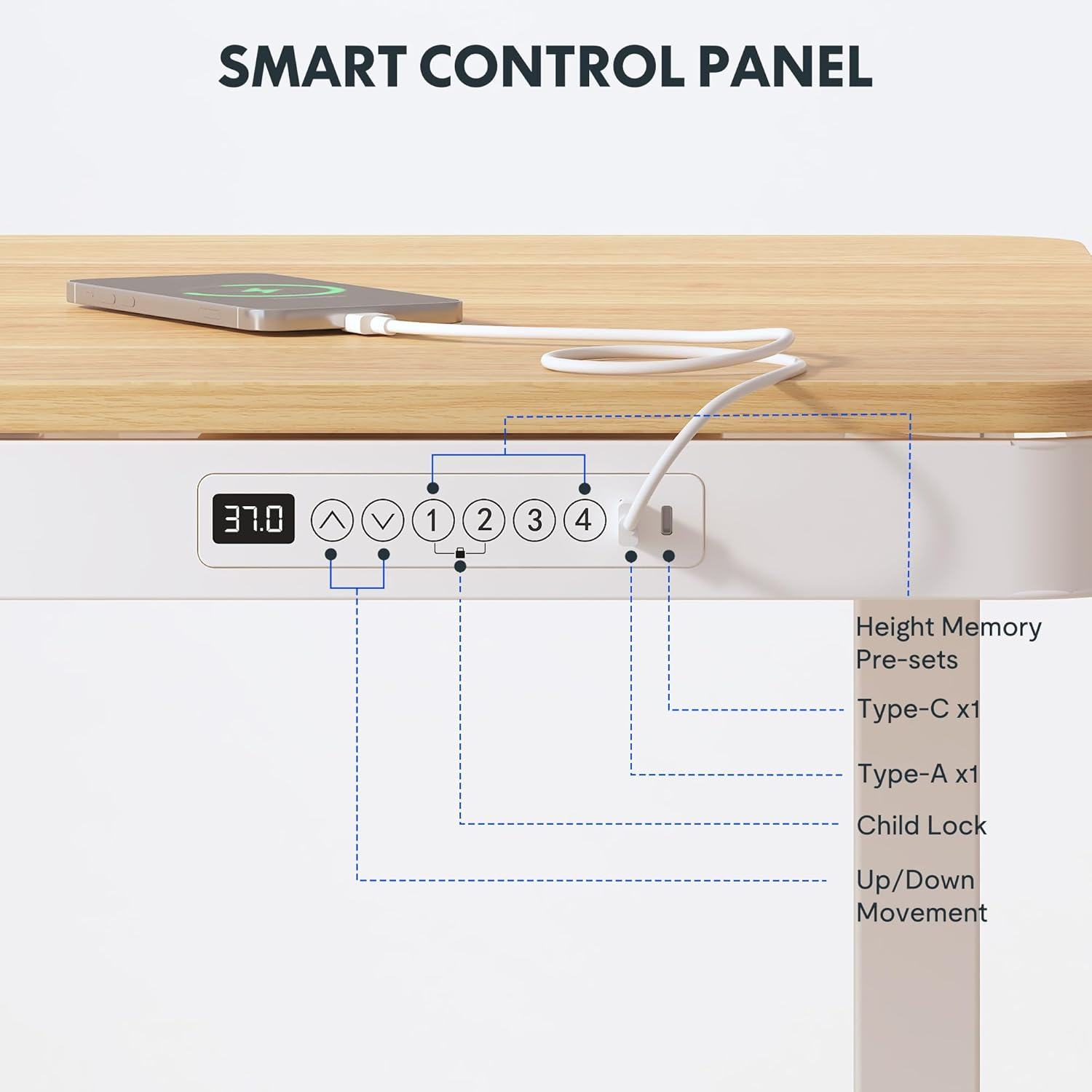 FLEXISPOT 140Cm Electric Standing Desk with Drawers, Quick Assembly Home Office Sit Stand Desk with Storage, USB Charging, Computer Desk for Home Office (Maple Top + White Adjustable Frame, Comhar) image number 4