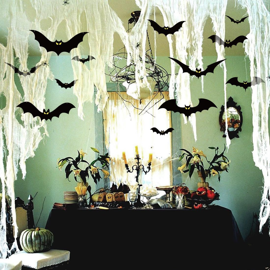 13 PCS Hanging Bats Halloween Decoration Outdoor Black Plastic Bats with Glowing Eyes Different Size Flying Bats Halloween Decor Hanging in the Tree, Porch, Yard, Lawn, Indoor image number 2