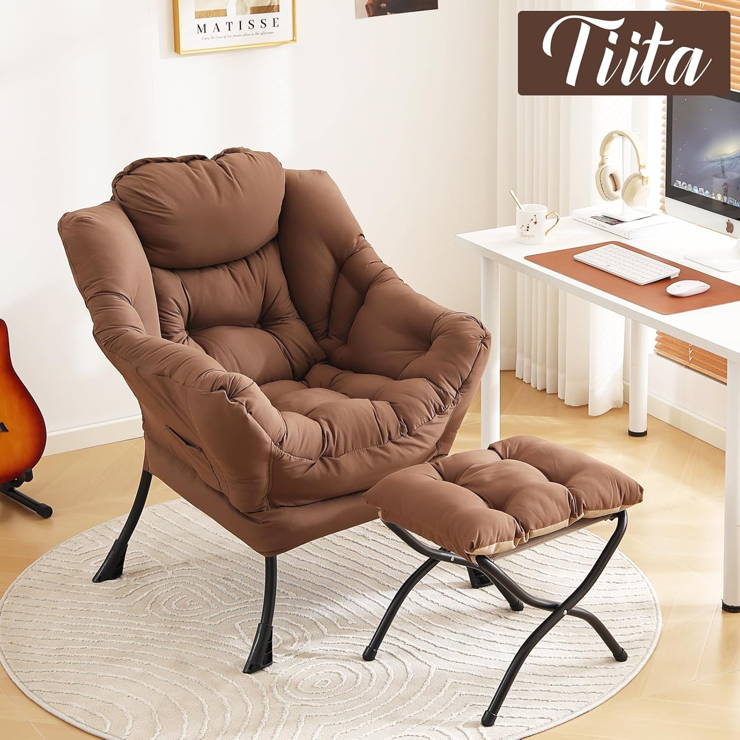 Tiita Lazy Chair with Ottoman, Modern Large Accent Lounge Armchair, Comfy Leisure Sofa Reading Chair with Footrest for Bedroom, Living Room, Dorm Rooms, Garden and Courtyard, Brown - Peach　Blue image number 6