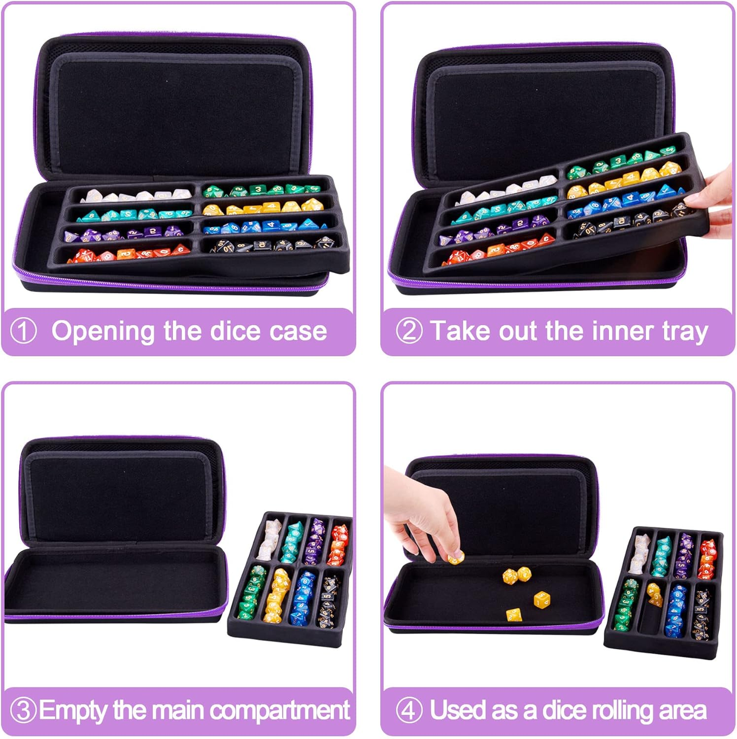 SIQUK Dice Case DND Dice Box Dice Storage Case Dice Organizer Holder with Handle Removable Slotted Tray Holds 8 Sets DND Dice for Dungeons & Dragons and Other RPG Table Games, Violet, Modern - Pure Blue image number 4