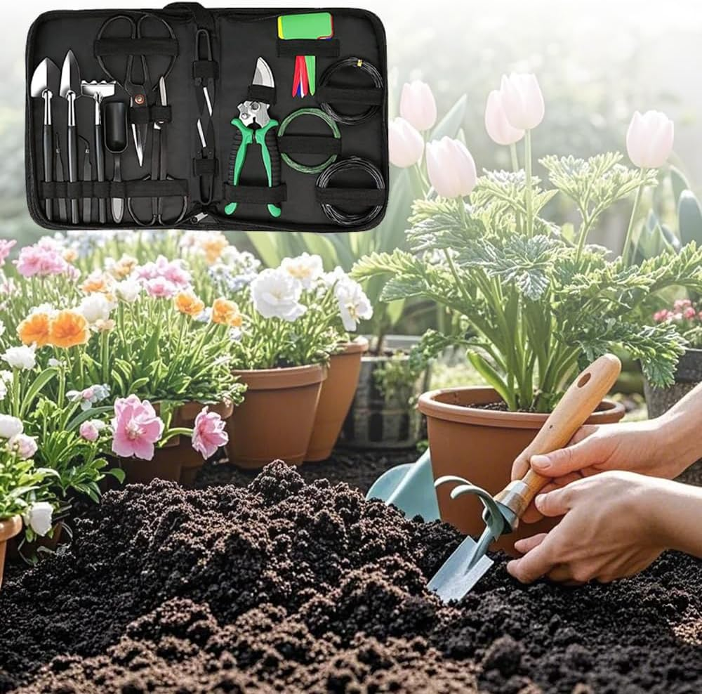 MOTRAIN Gardening Bonsai Tools Set, 24 PCS Carbon Steel Bonsai Tree Kit Tools for Beginners, Plant Trimming Tool Kit Tree Care Bag with Bonsai Wire, Pruning Shears,Scissors, Rake, Shovel, Leaf Cutters image number 1