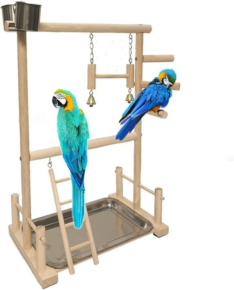 Bird Playground Parrot with Feeding Cup, Natural and Safe Wooden Swing Climbing Ladder, Stainless Steel Basin Parrot for Home Room Desktop image number 2