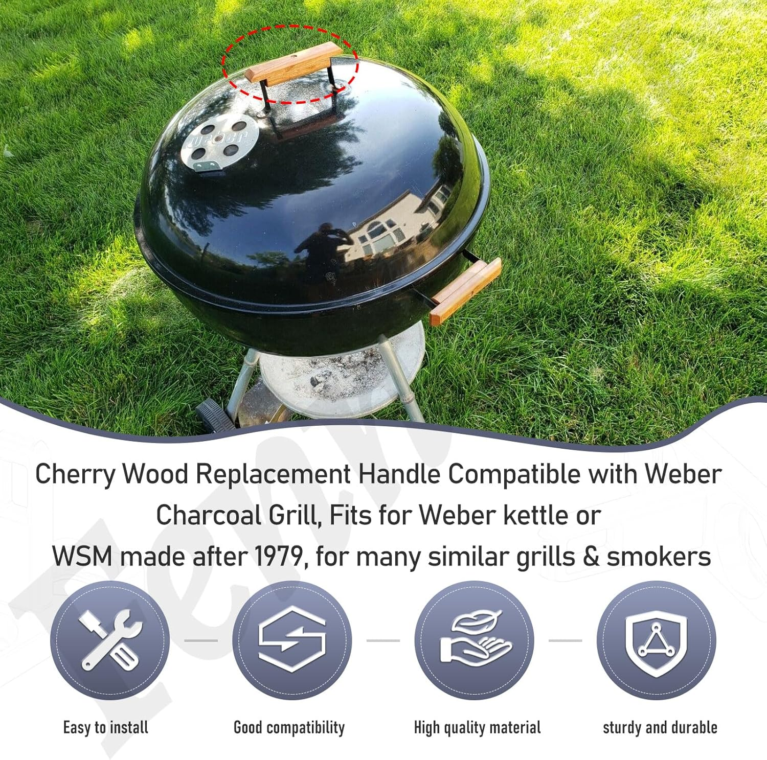 3Pack Cherry Wood Replacement Handle for 22.5" & 18.5" One Touch Grills Compatible with Weber Charcoal Grill Including Mounting Screws image number 3