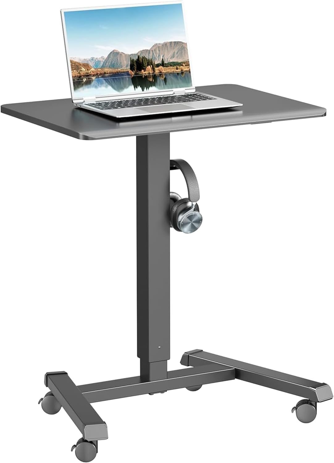 ERGOMAKER Mobile Standing Desk Pneumatic Adjustable Height 25.6 X 17.7 Inch Mobile Desk Adjustable Height on Wheels，Sit Stand up Desk Home Office Computer Desk, White + Single
