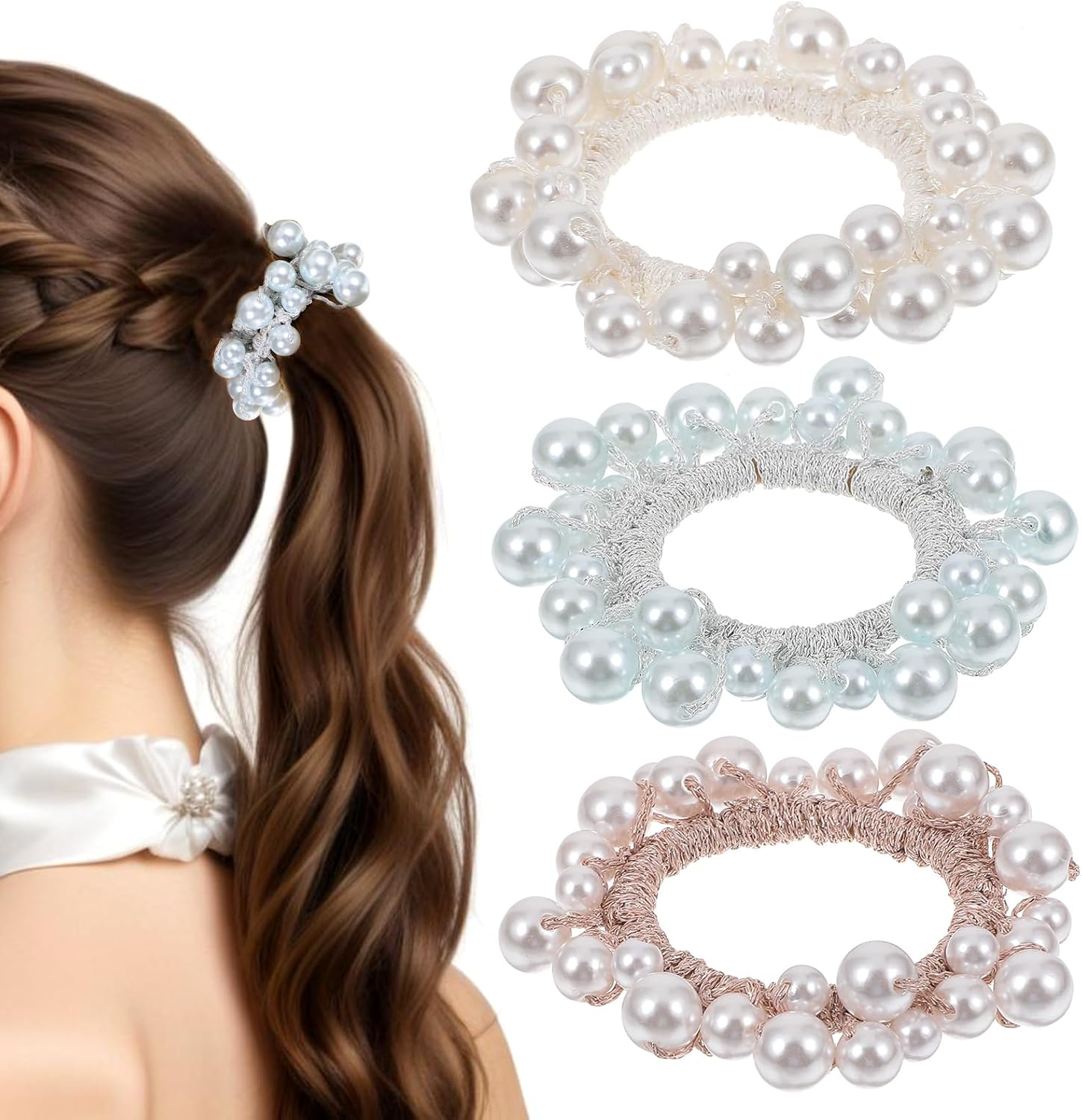 Pearl Hair Ties for Women, Elastic Beaded Hair Scrunchies Bling Ponytail Holders, Fake Pearl Hair Accessories Stylish Hair Rope for Girls Thick Thin Hair Braids (White, Blue, Rose Gold) image number 5